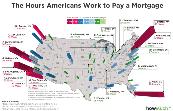A map of the U.S. highlighting the cities where people have to work the longest to pay their mortgage