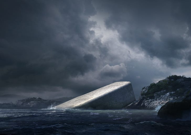 A rendering of the top of Under jutting out of the ocean