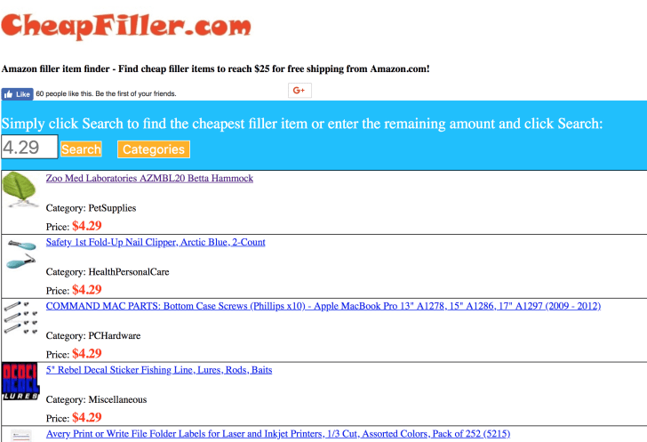 A screenshot of CheapFiller.com with listings of products for $4.29
