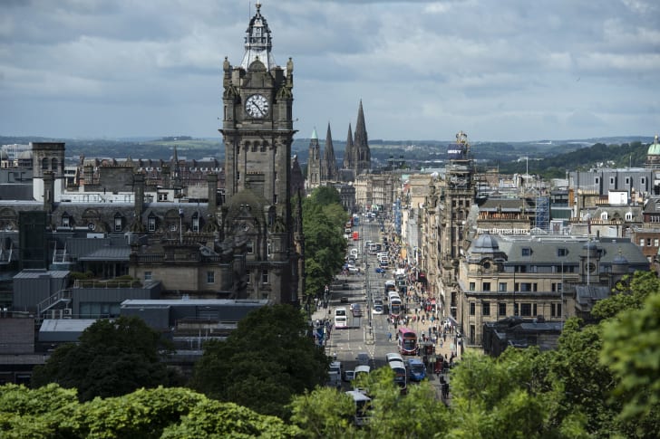 Princes Street pictured from Calton Hill in the center of Edinburgh, Scotland