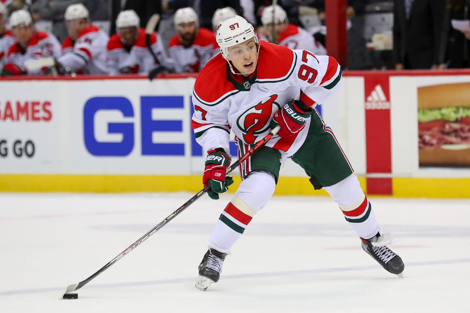 New Jersey Devils left wing Nikita Gusev (97), of Russia, and