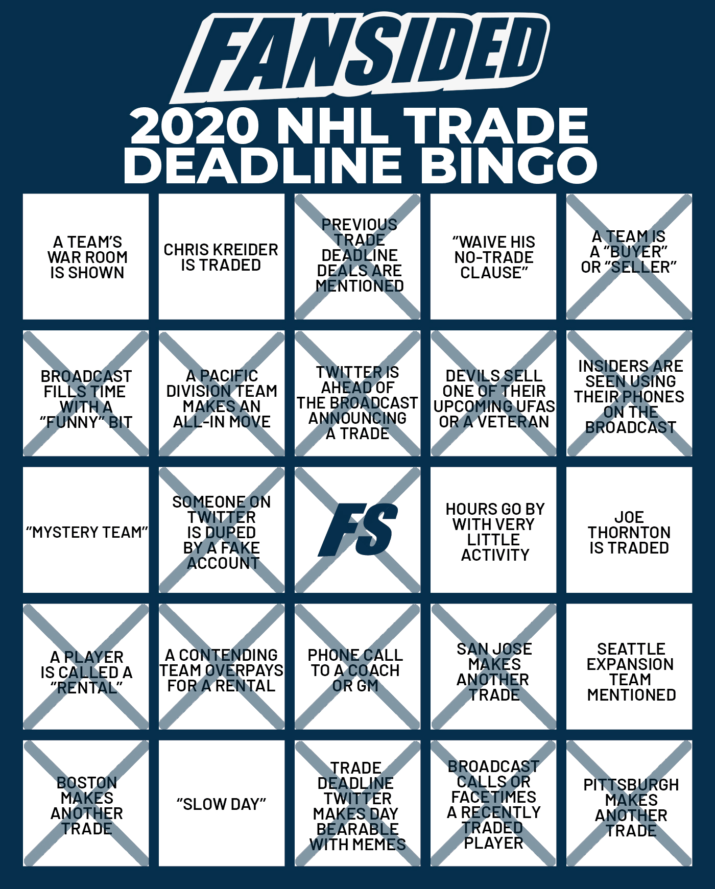 2020 NHL trade deadline bingo card