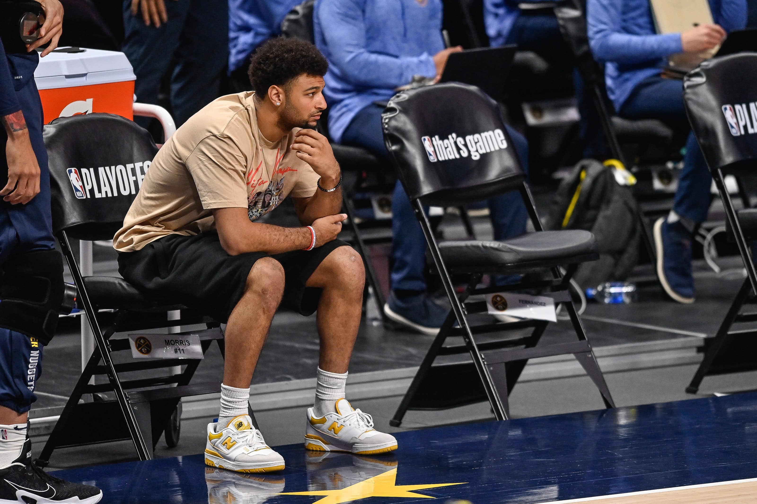 Jamal Murray, Denver Nuggets watches the action from the bench area in Game 3 of the Western Conference second-round playoff series. (Photo by Dustin Bradford/Getty Images)