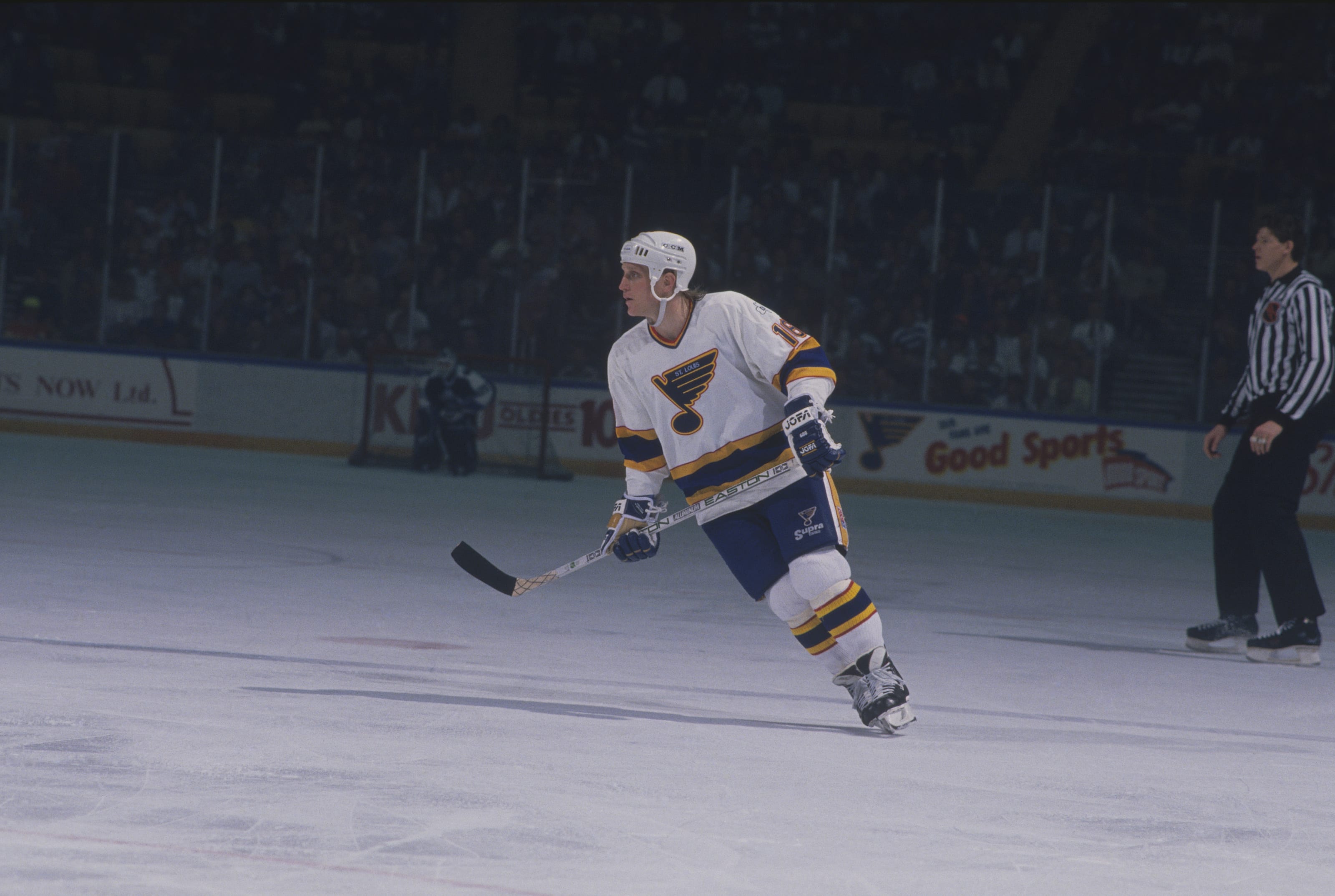 BOSTON MA 1990's Brett Hull of the St Louis Blues looks for a pass against  the Boston Bruins at the Fleet …