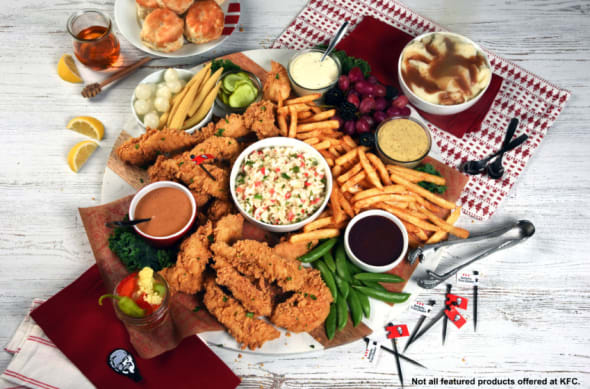 a KFC Charcuterie Board featuring the new signature KFC sauces