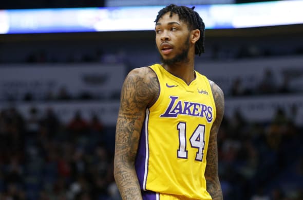Los Angeles, CA, USA. 22nd Oct, 2017. Los Angeles Lakers forward Brandon  Ingram (14) warming up for the New Orleans Pelicans vs Los Angeles Lakers  at Staples Center on October 22, 2017. (