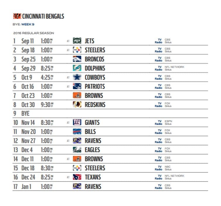 Cincinnati Bengals' 2016 NFL schedule released