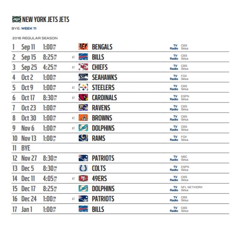 New York Jets' 2016 NFL schedule released