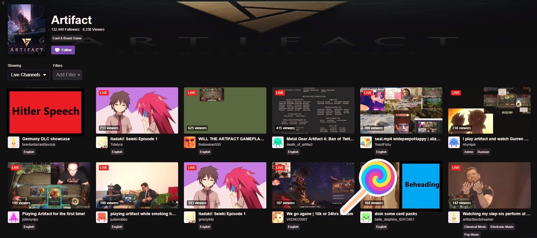 1857px x 823px - Artifact on Twitch has devolved into porn and anime (both mistakes)