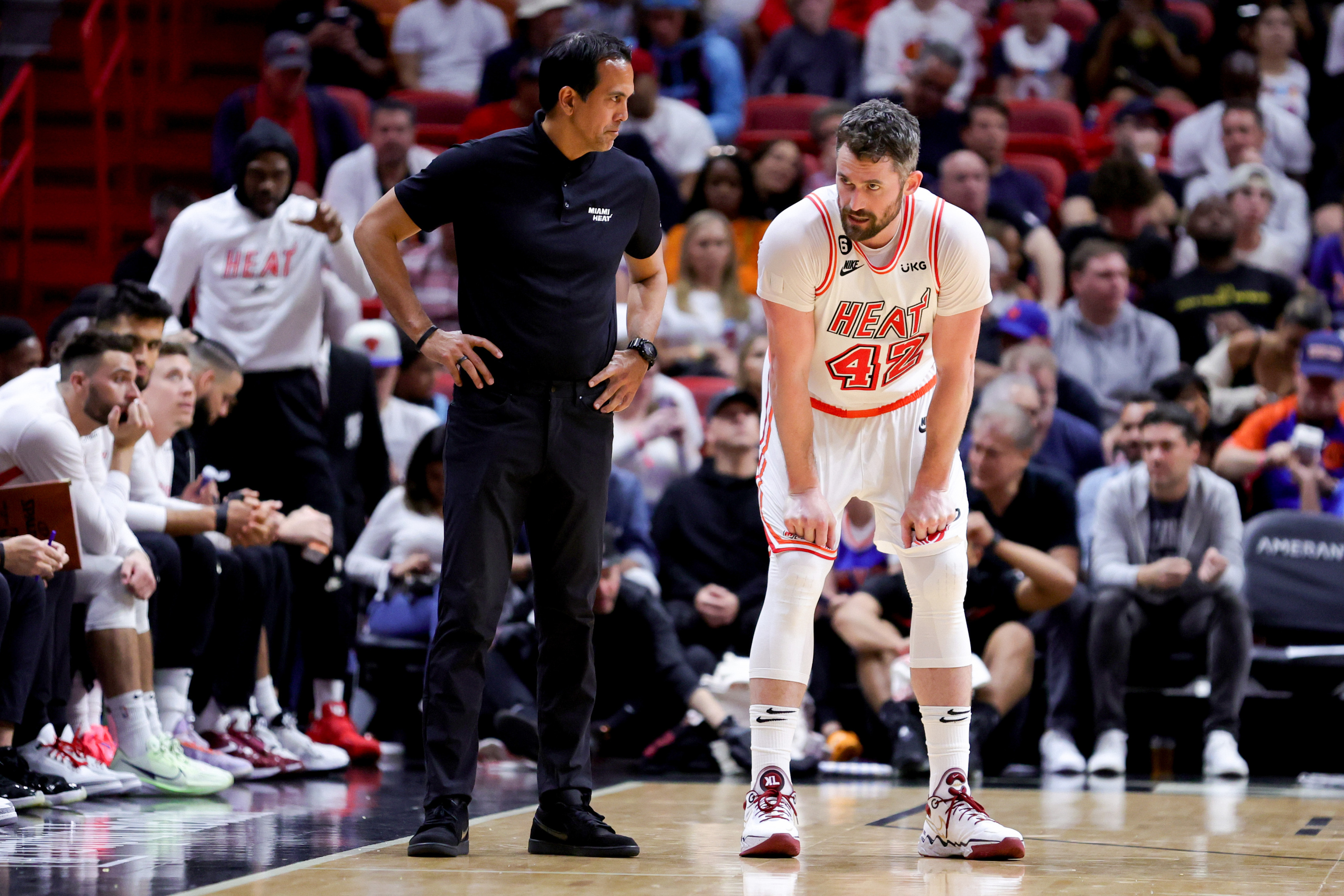 Kevin Love of the Miami Heat looks on against the Philadelphia 76ers  News Photo - Getty Images