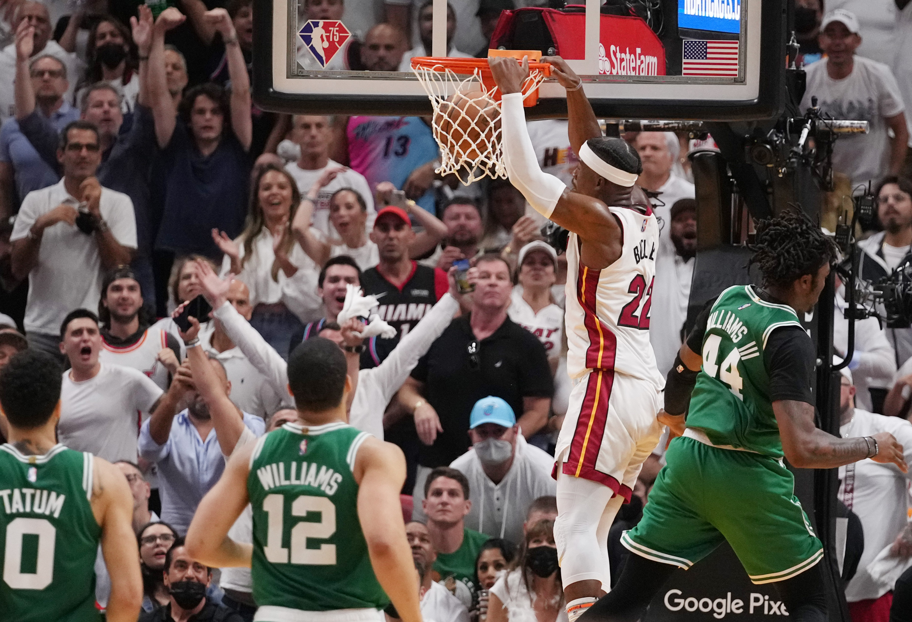 The Chicago Bulls' Jimmy Butler dunks during the first half against the  Milwaukee Bucks of Game 6 in the Eastern Conference quarter finals on  Thursday, April 30, 2015, at the BMO Harris