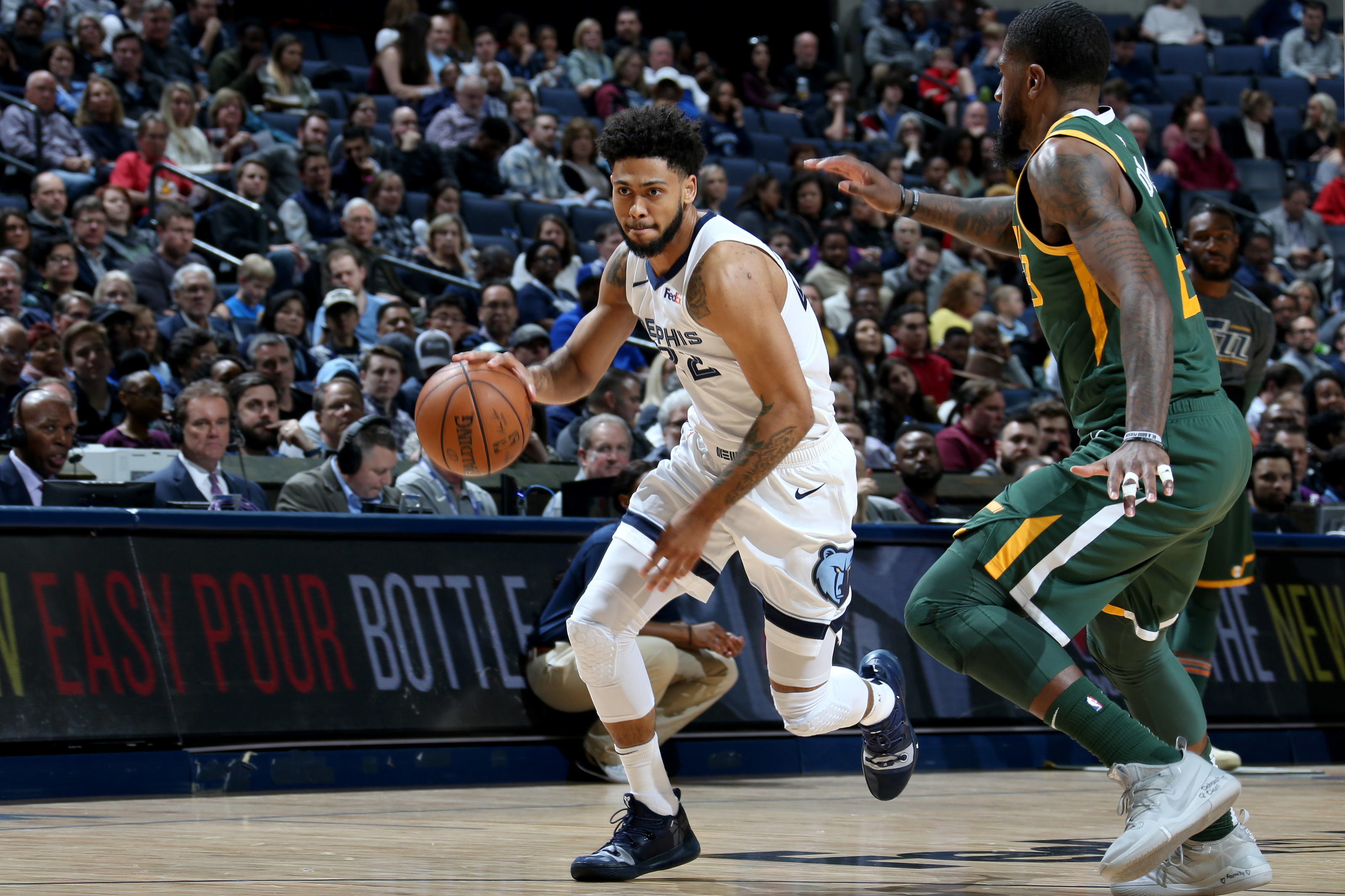 Memphis Grizzlies guard Tyler Dorsey (22) brings the ball up court in the  first half of an NBA basketball game against the Oklahoma City Thunder  Monday, March 25, 2019, in Memphis, Tenn. (