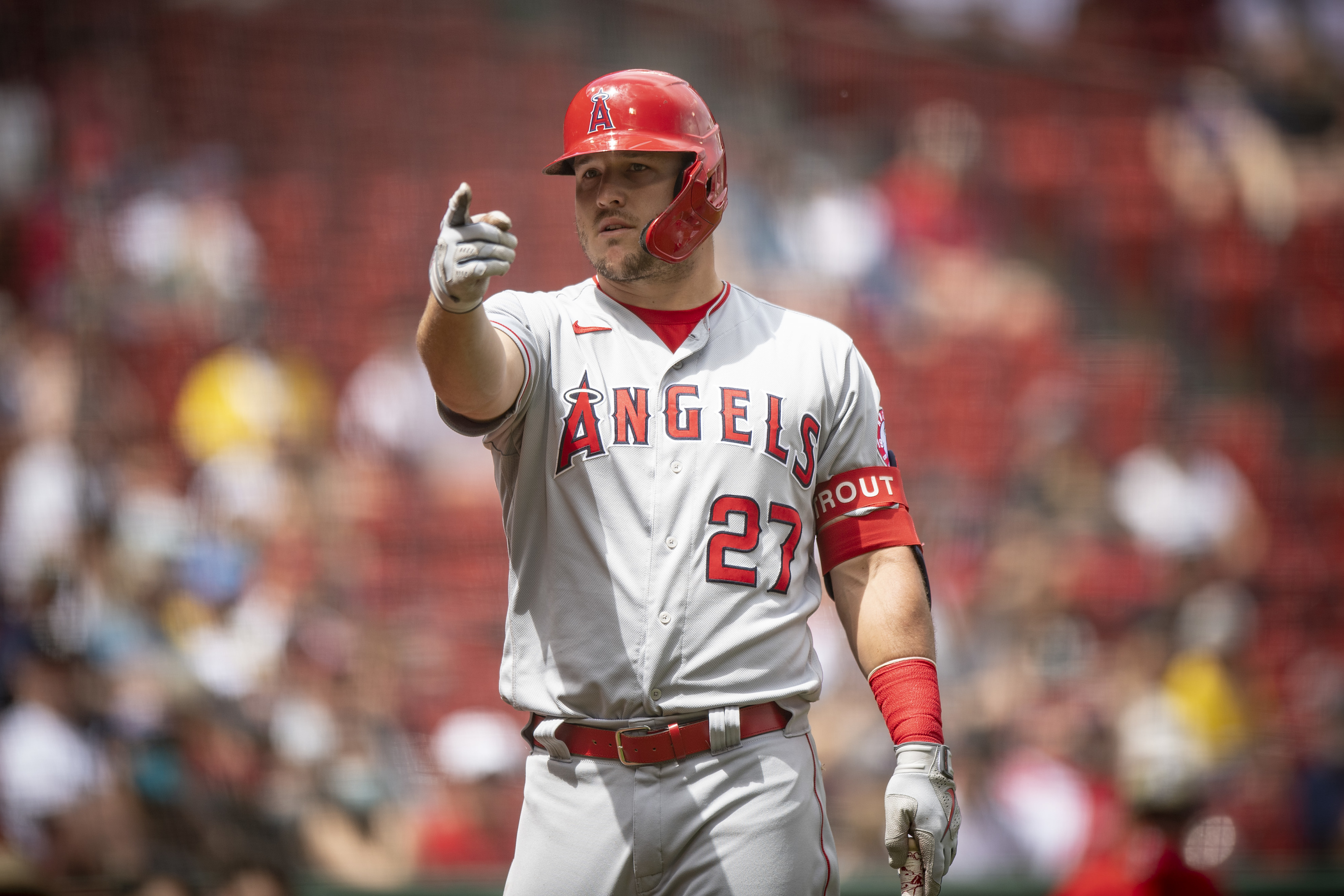 ANAHEIM, CA - APRIL 09: Los Angeles Angels center fielder Mike Trout (27)  waits for the pitch during a regular season game between the Los Angeles  Angels and Toronto Blue Jays on