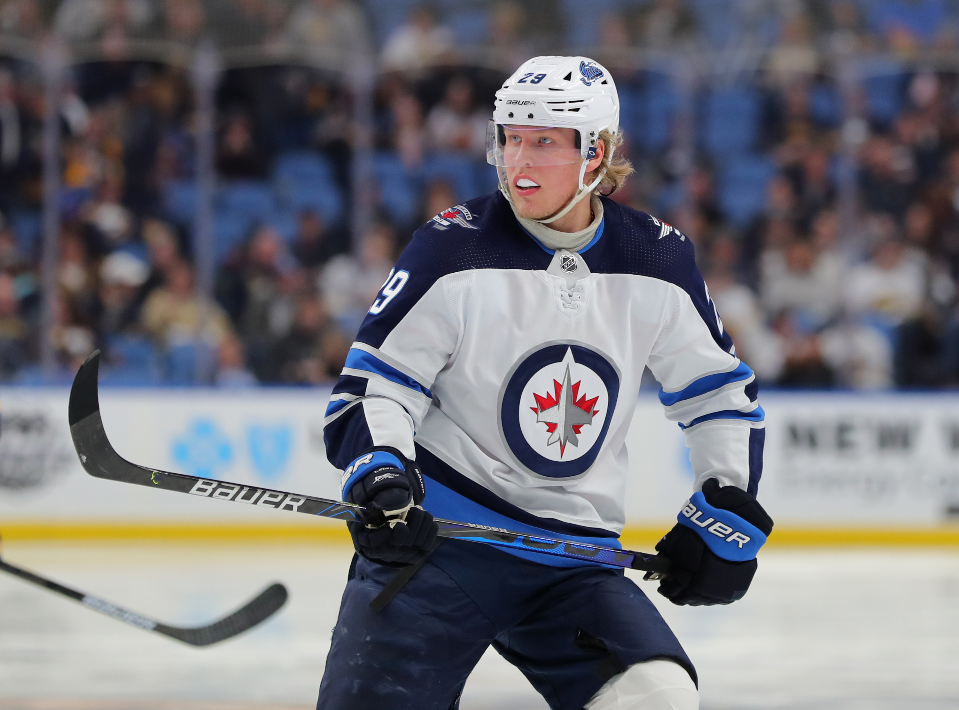Patrik Laine of the Winnipeg Jets looks on during a break in second News  Photo - Getty Images