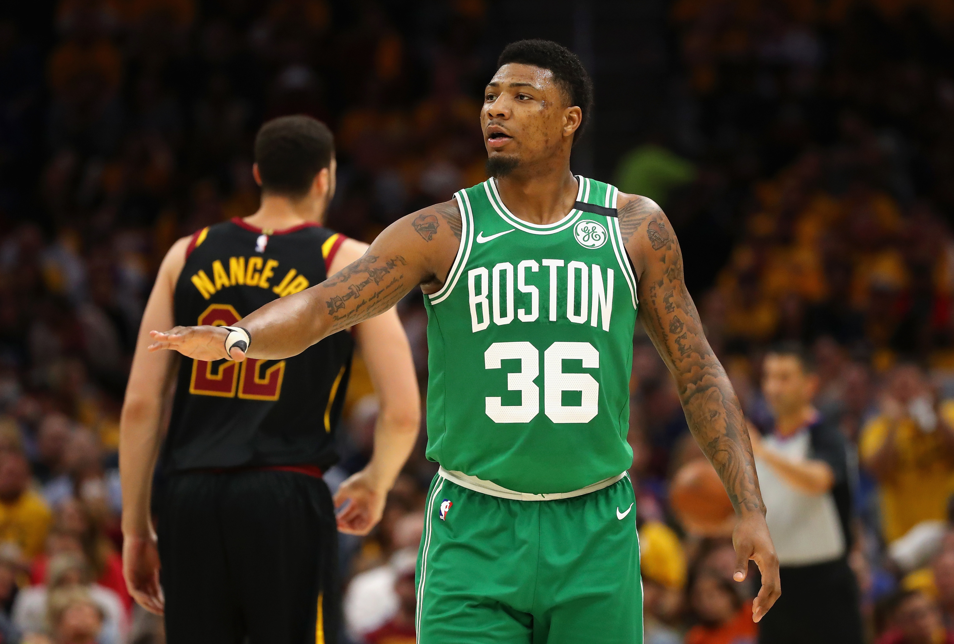 Marcus Smart of the Boston Celtics arrives to the arena before the