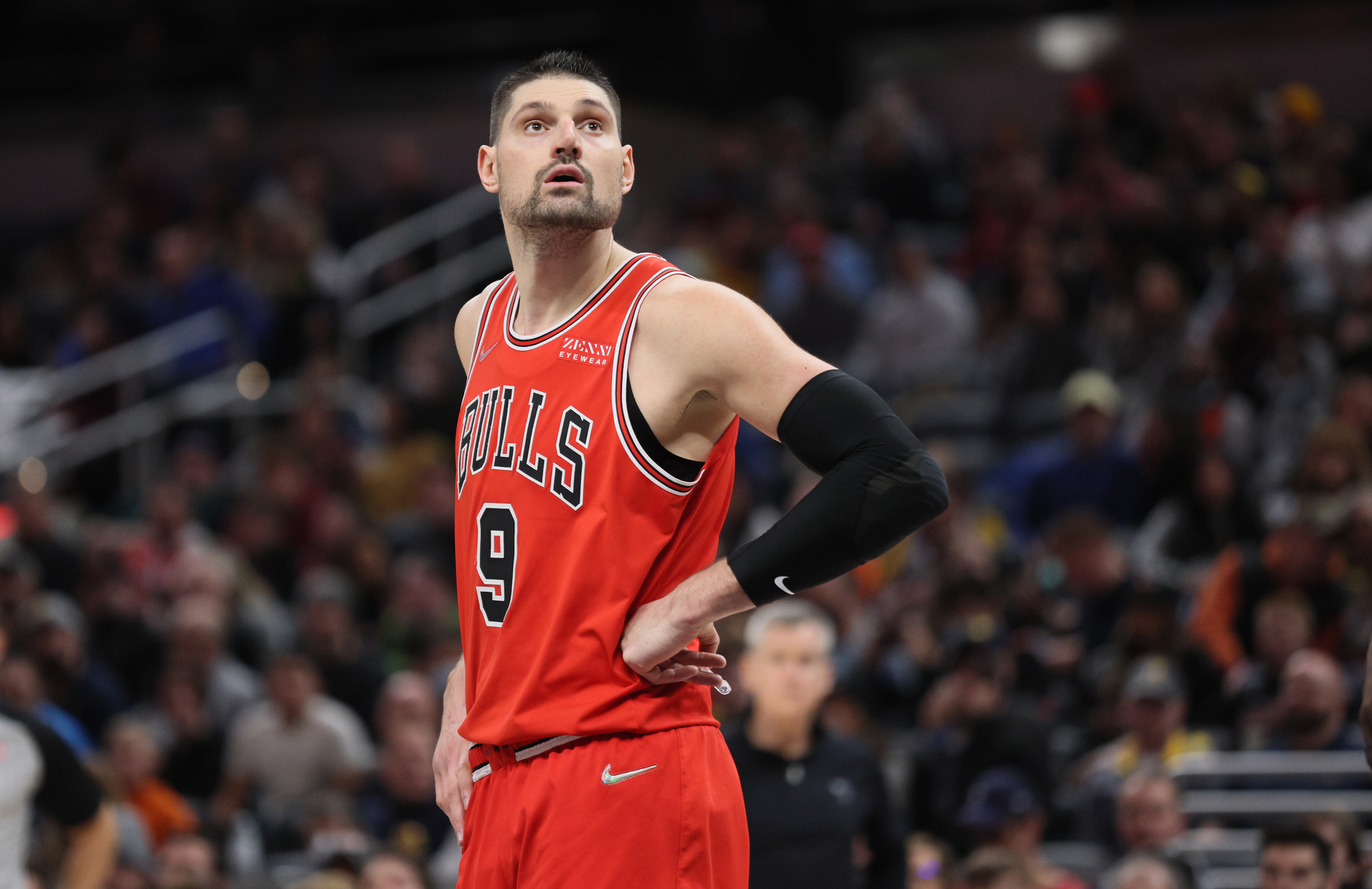 Chicago Bulls center Nikola Vucevic stands for his headshot during
