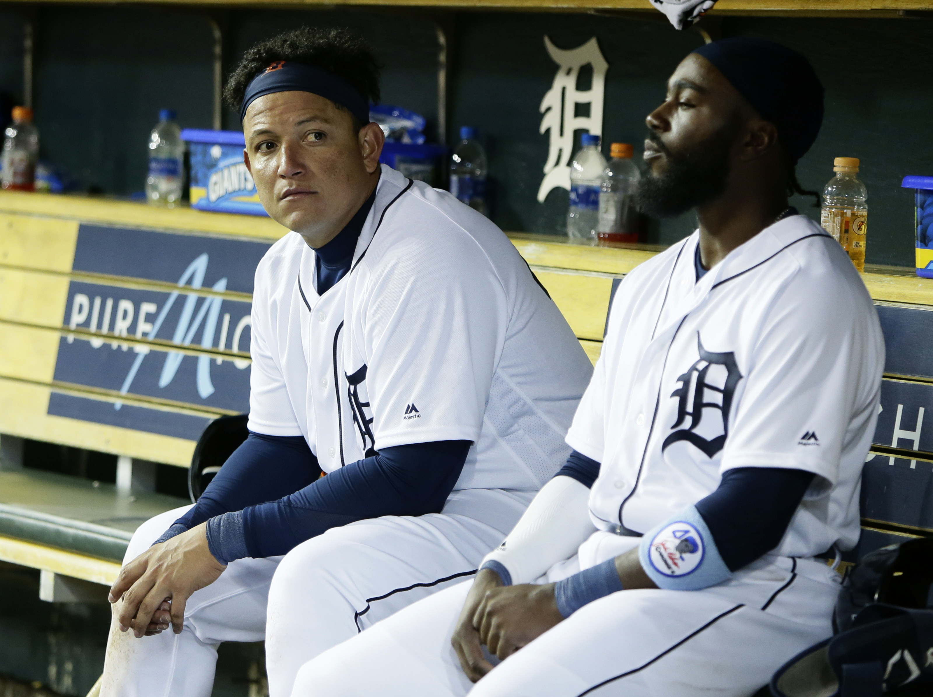 Miguel Cabrera of the Detroit Tigers watches from the dugout