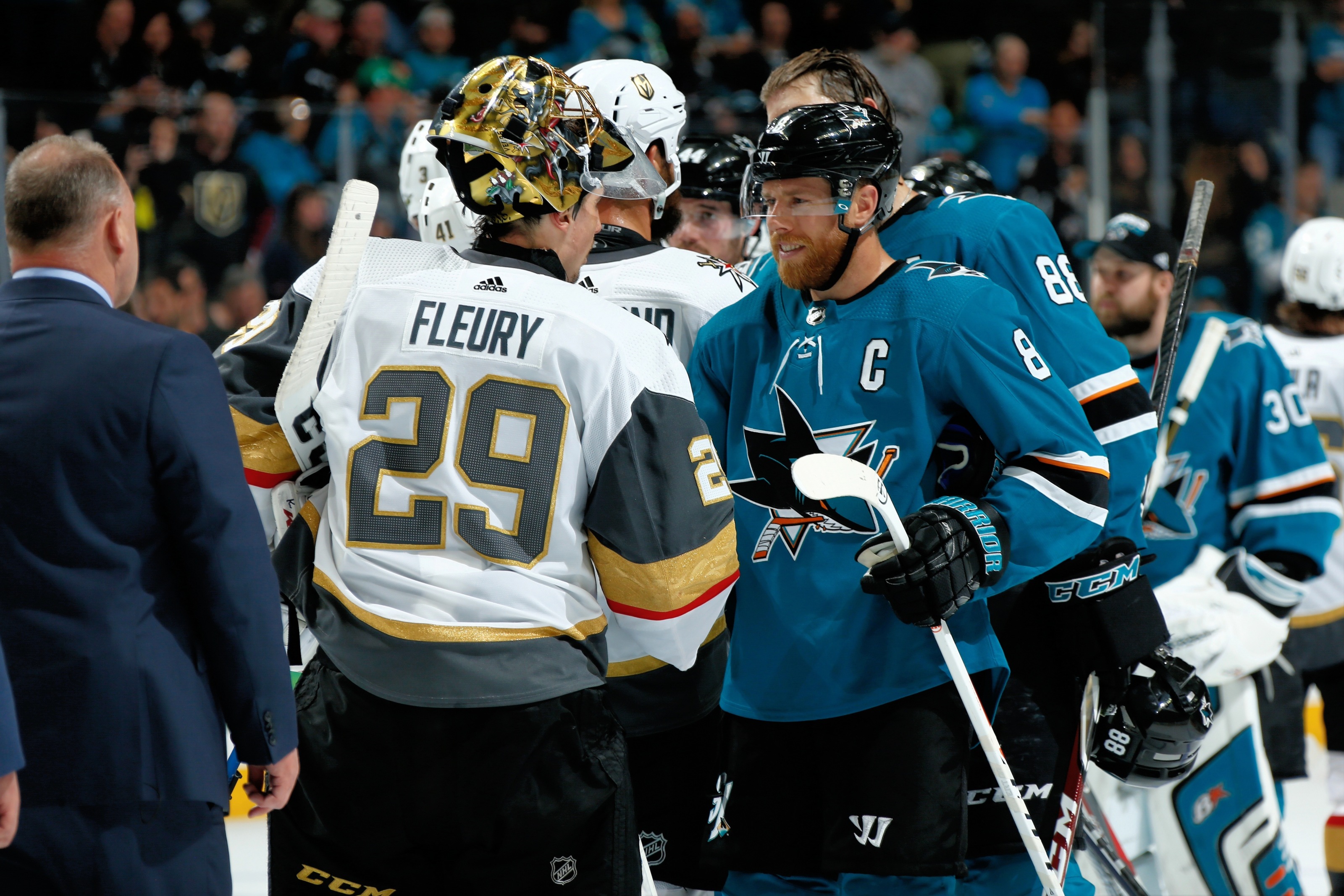 Brent Burns of the San Jose Sharks, Marc-Andre Fleury of the News Photo  - Getty Images