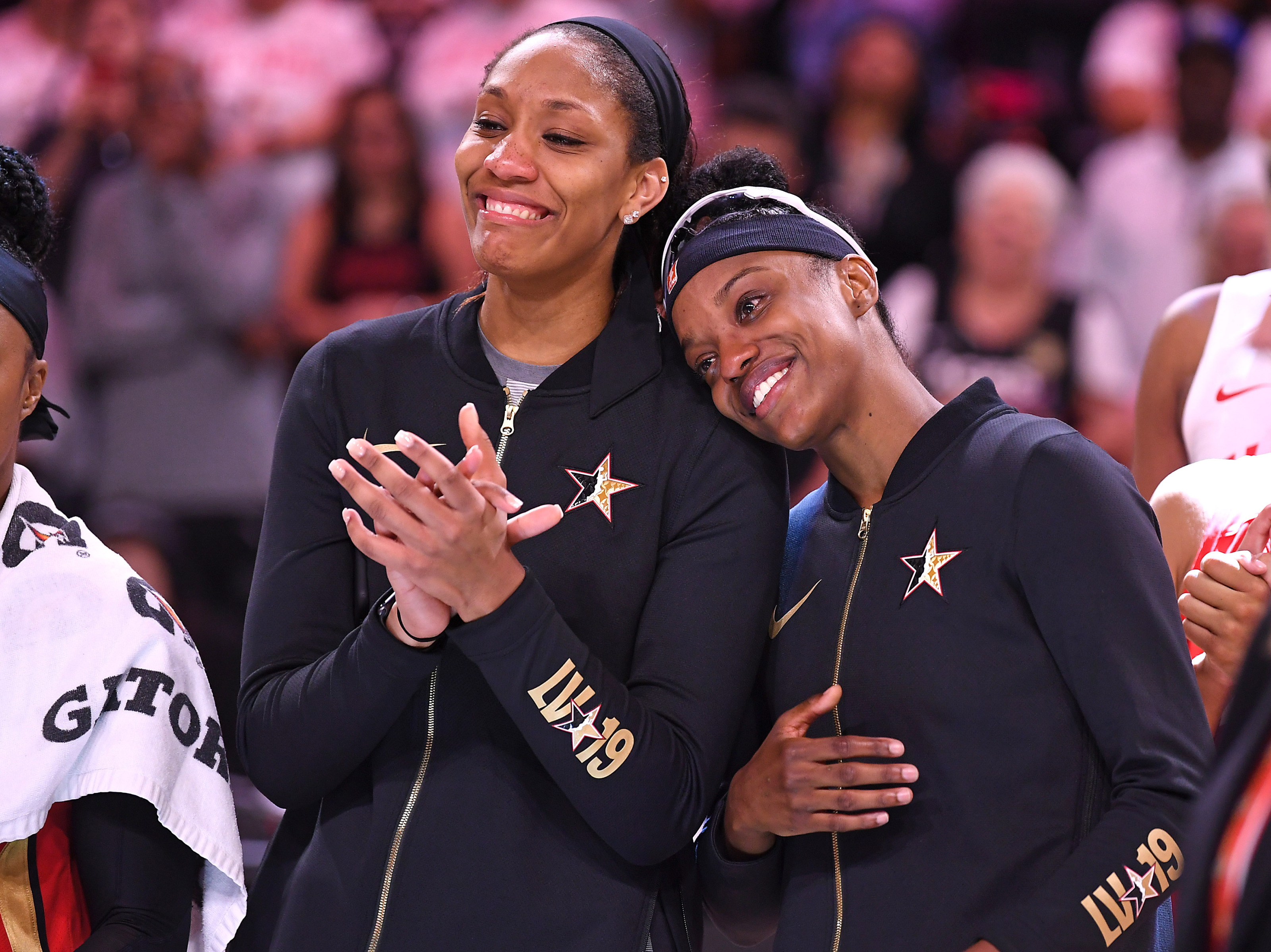 Forward A'ja Wilson reacts with teammate Forward Candace Parker of