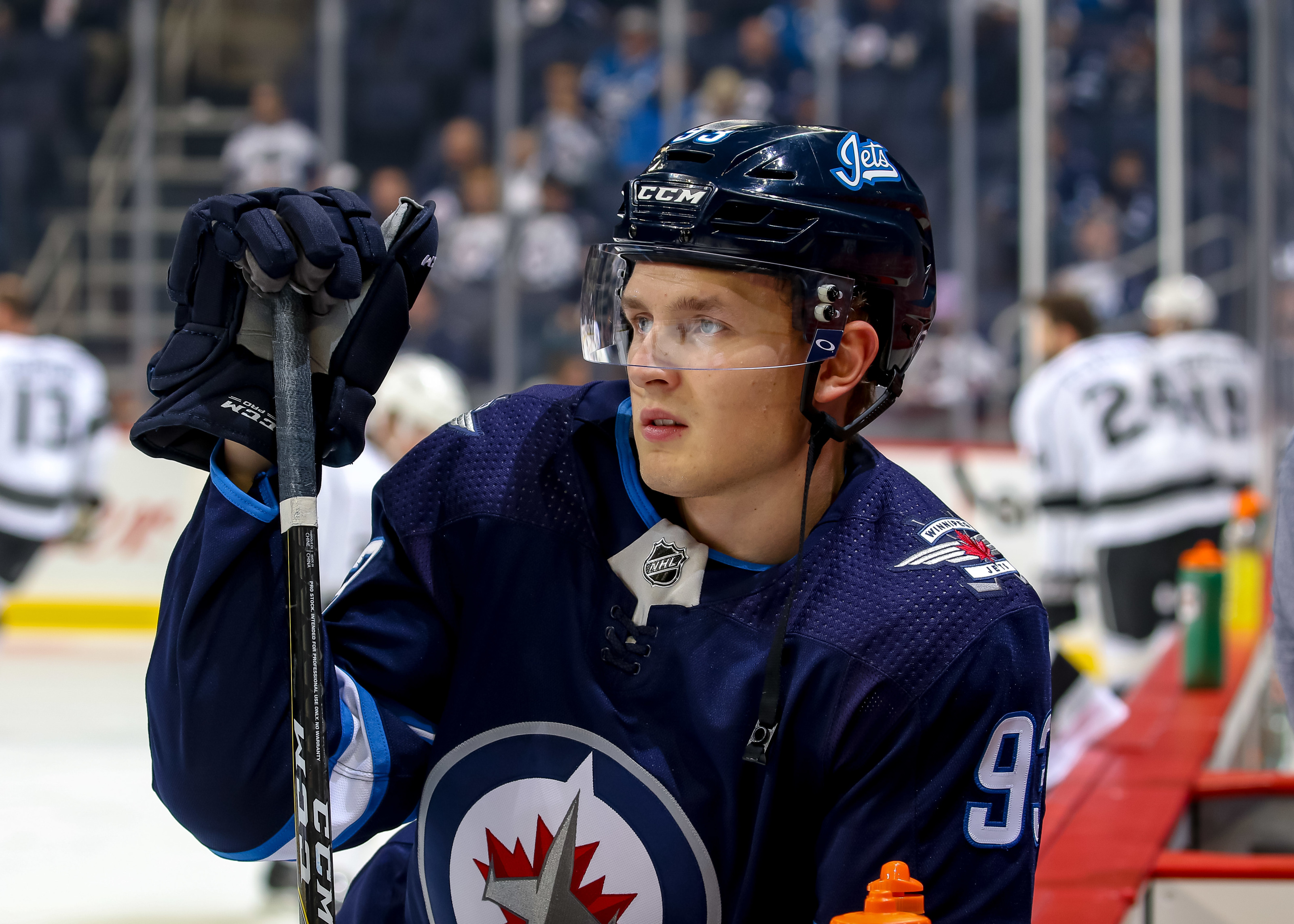 Adam Lowry of the Winnipeg Jets takes part in the pre-game warm up