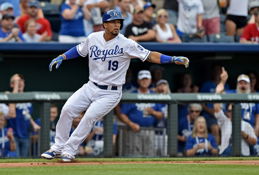 Cheslor Cuthbert of the Kansas City Royals warms his hands in