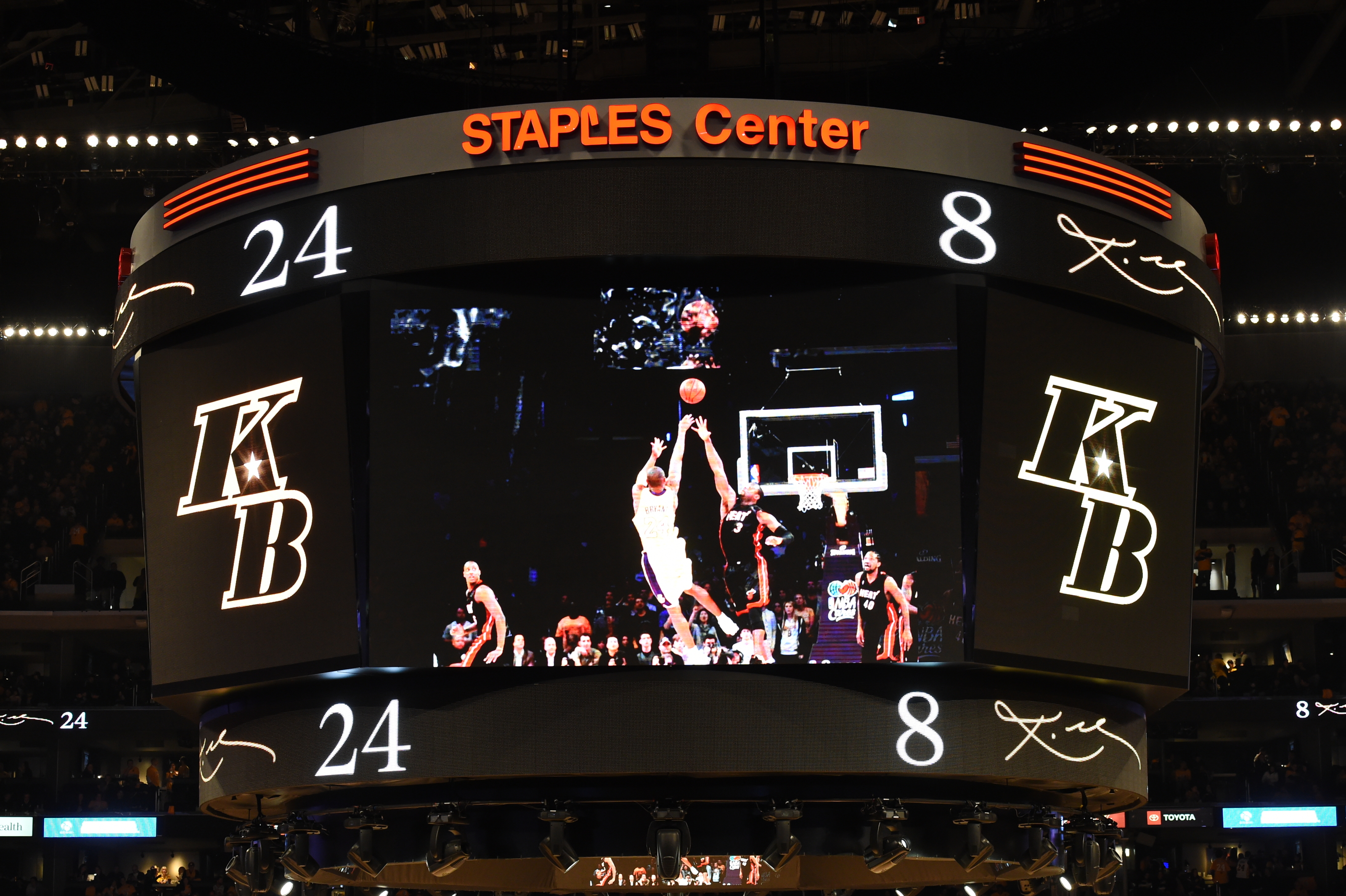 Laker scoreboard at Staples Center, Los Angeles