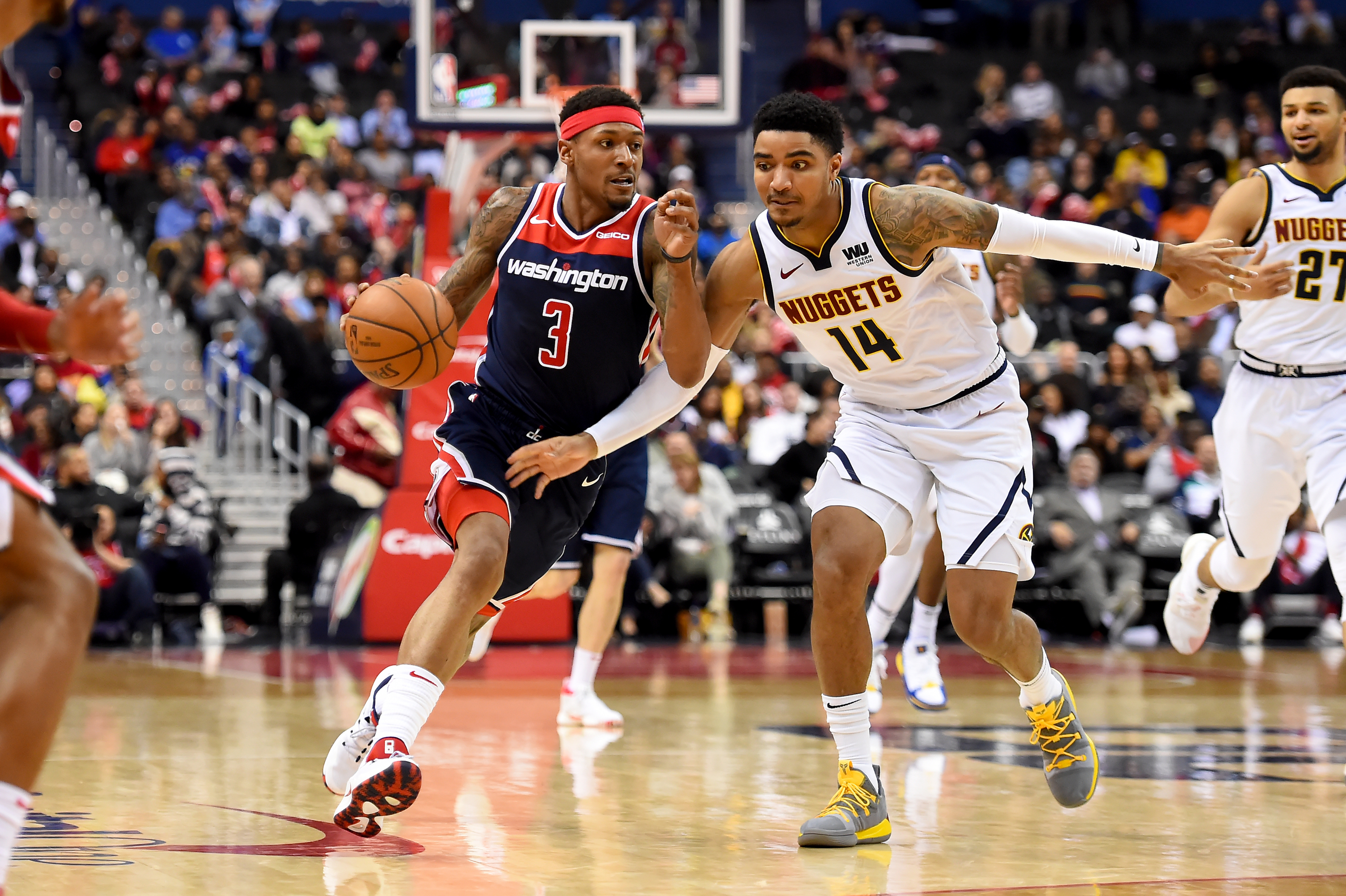 The shoes of Washington Wizards guard Bradley Beal (3) are seen as