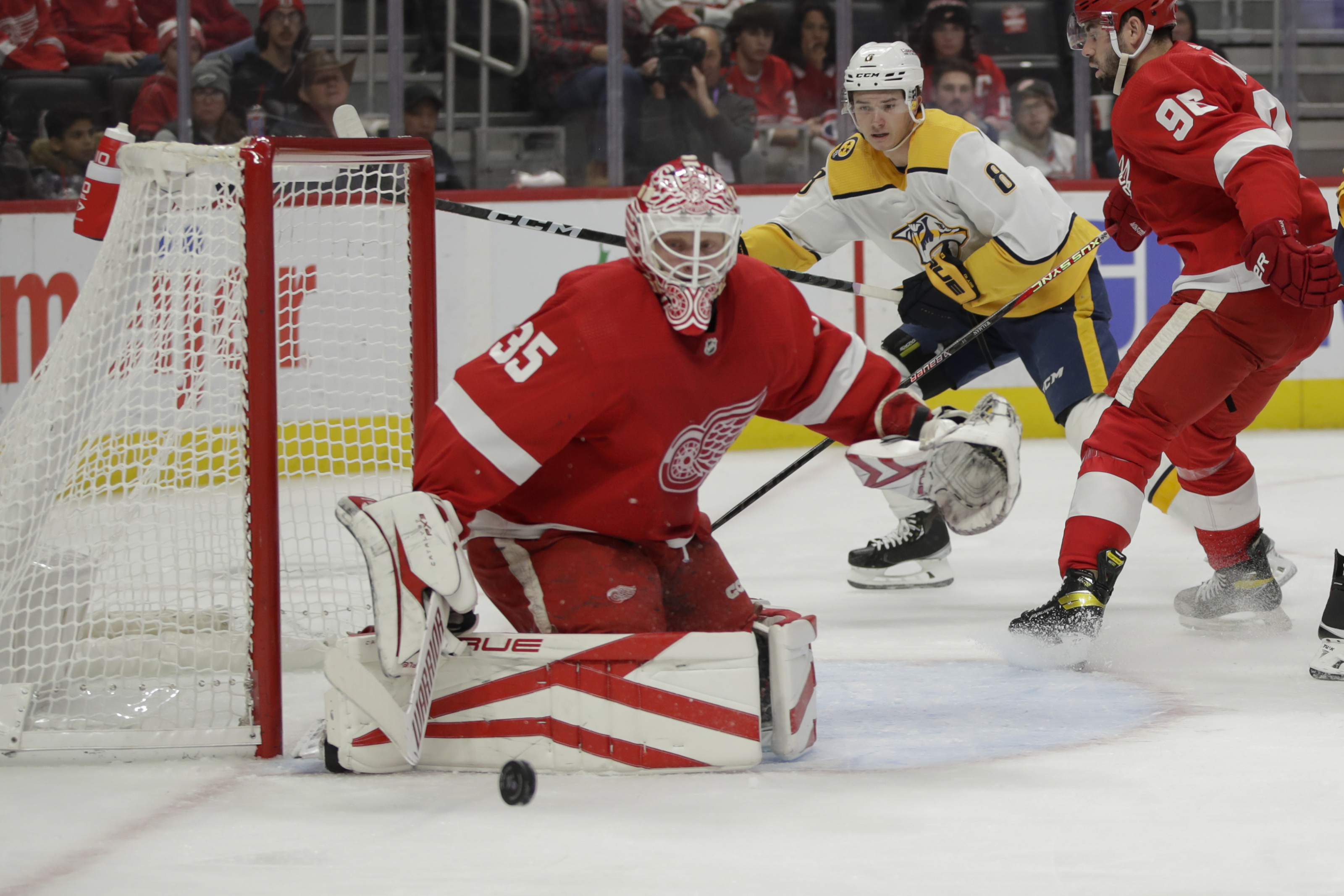 Detroit Red Wings goaltender Ville Husso (35) and Detroit Red