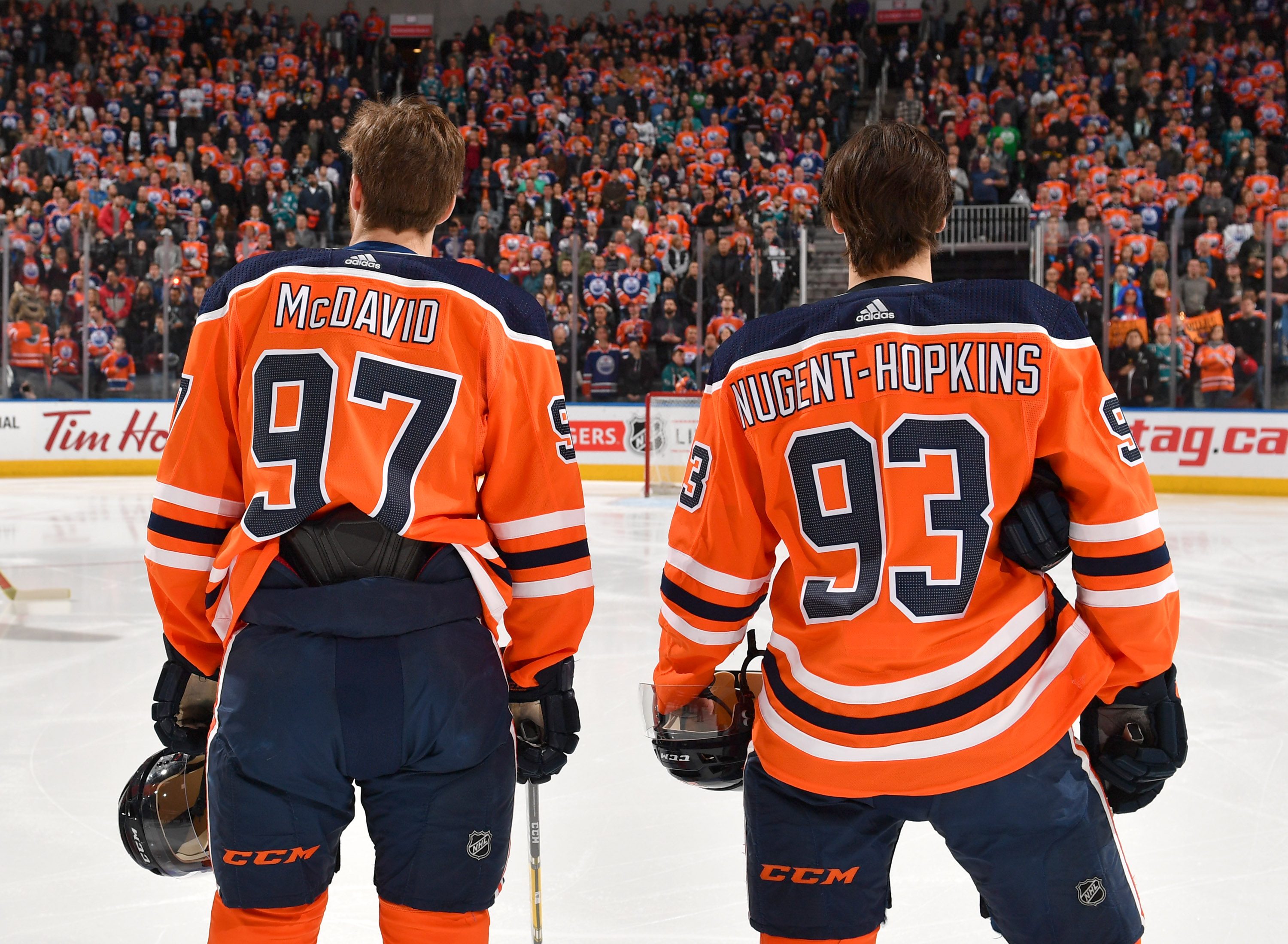 Edmonton Oilers' Ryan Nugent-Hopkins at home on Connor McDavid's wing