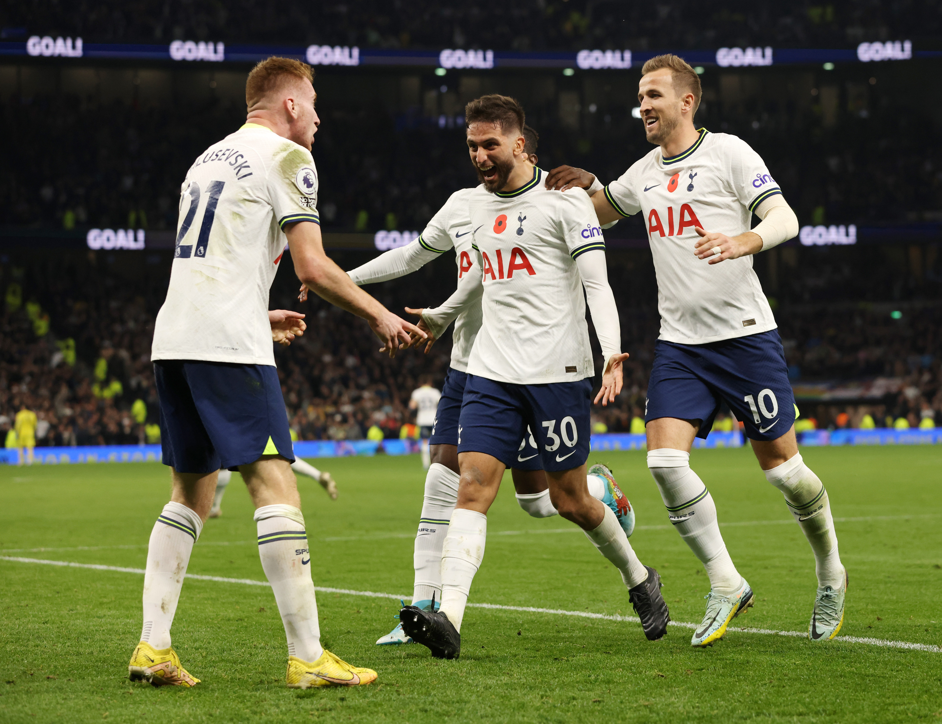 Tottenham Hotspur's Dejan Kulusevski (right) celebrates with