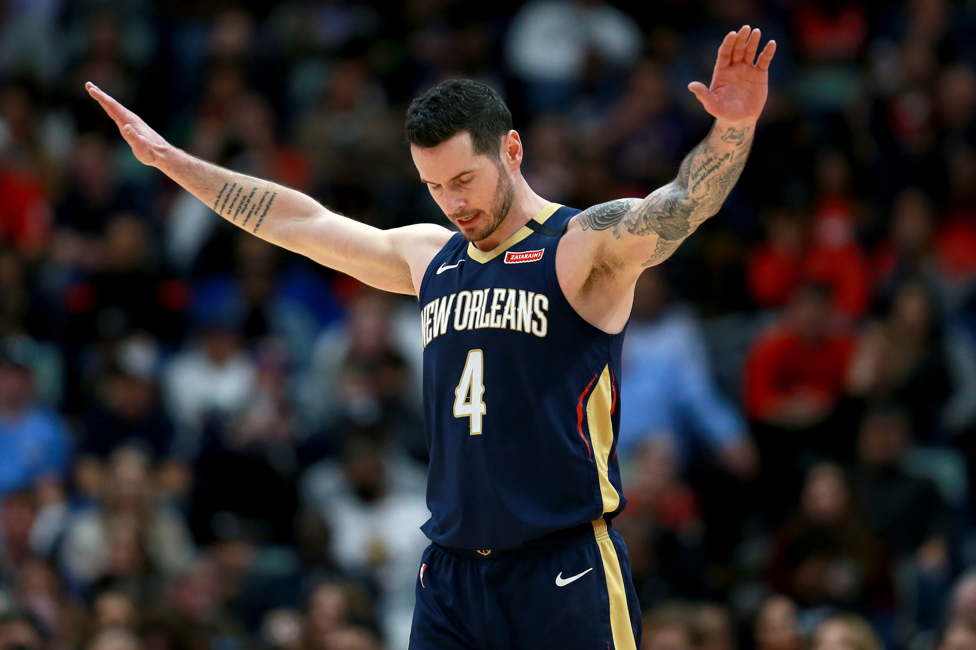 A detailed view of the tattoos on the left arm of New Orleans Pelicans  guard JJ Redick (4) during the first half against the Utah Jazz at Vivint  Smart Home Arena.