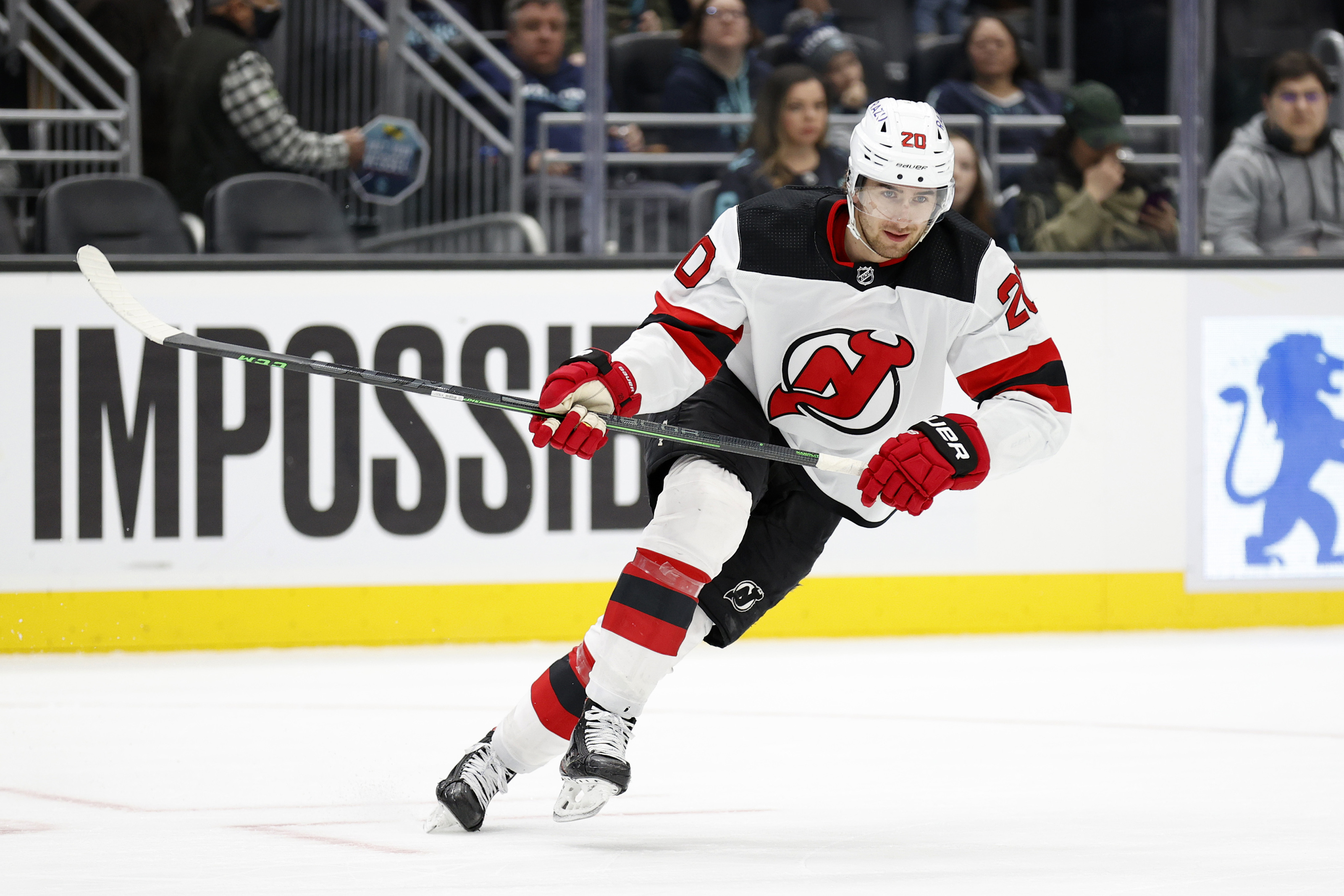 Michael McLeod of the New Jersey Devils skates against the New