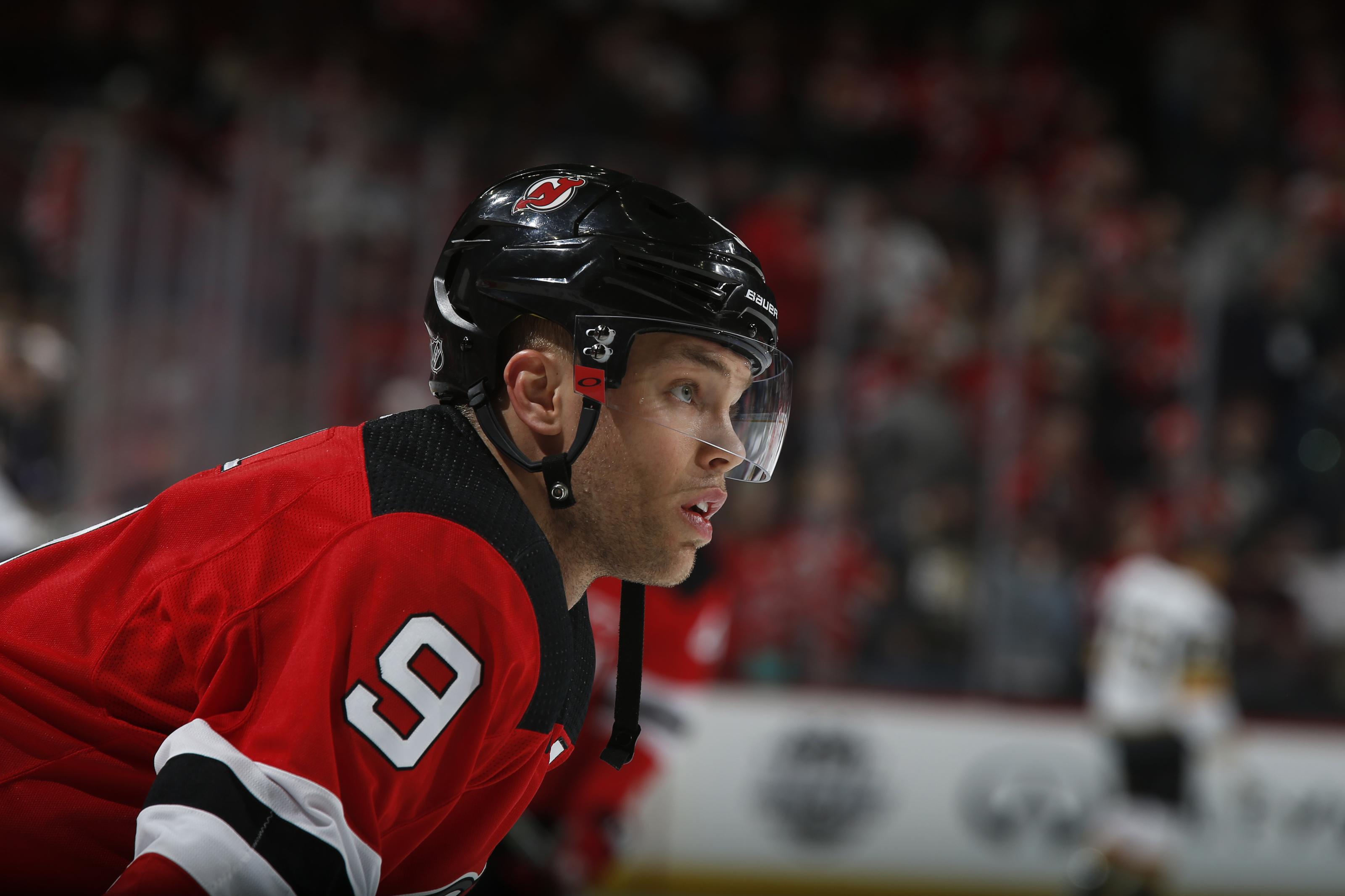 New Jersey Devils left wing Taylor Hall warms up before the start