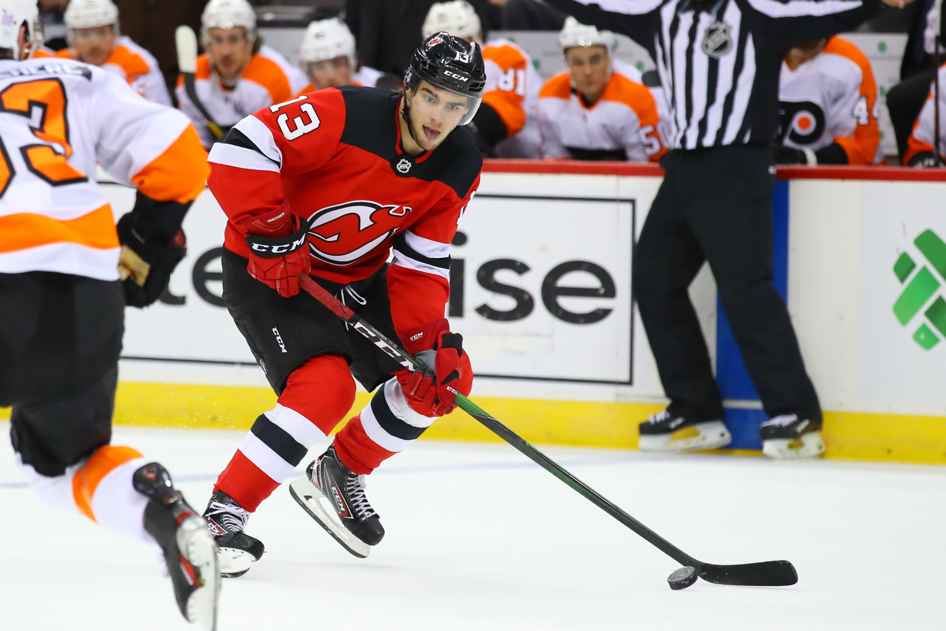 Charitybuzz: New Jersey Devils Jack Hughes Signed Hockey Puck & Nico  Hischier Signed Jersey