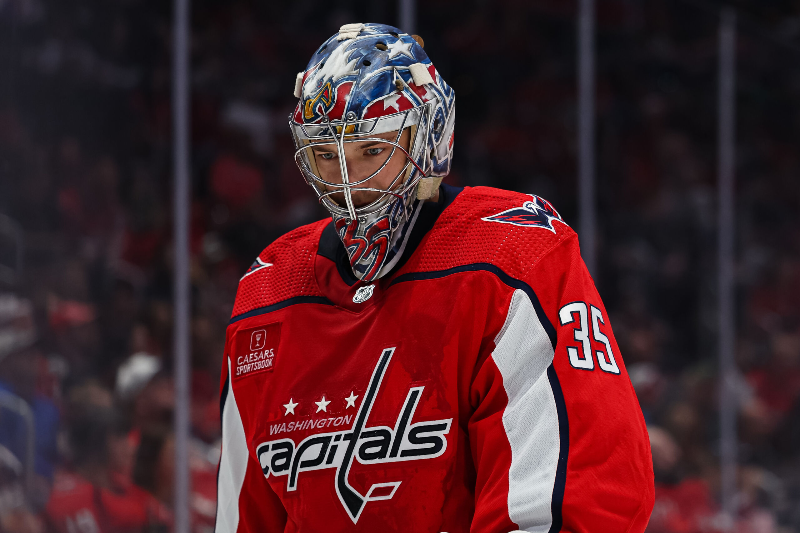 A detail view of Darcy Kuemper of the Washington Capitals mask during  News Photo - Getty Images