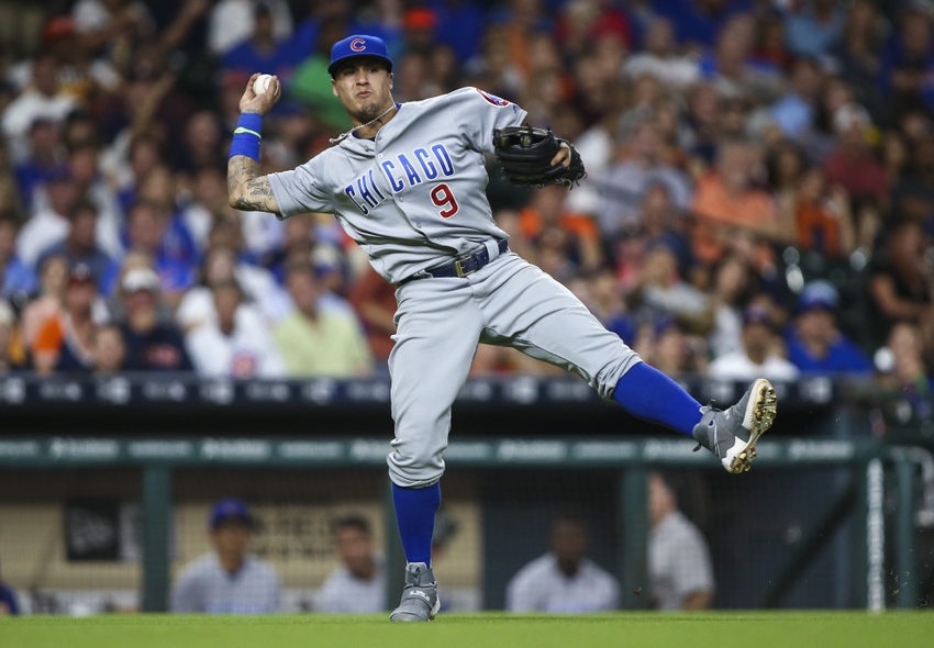 Chicago Cubs' Javier Baez shows off his Major League Baseball