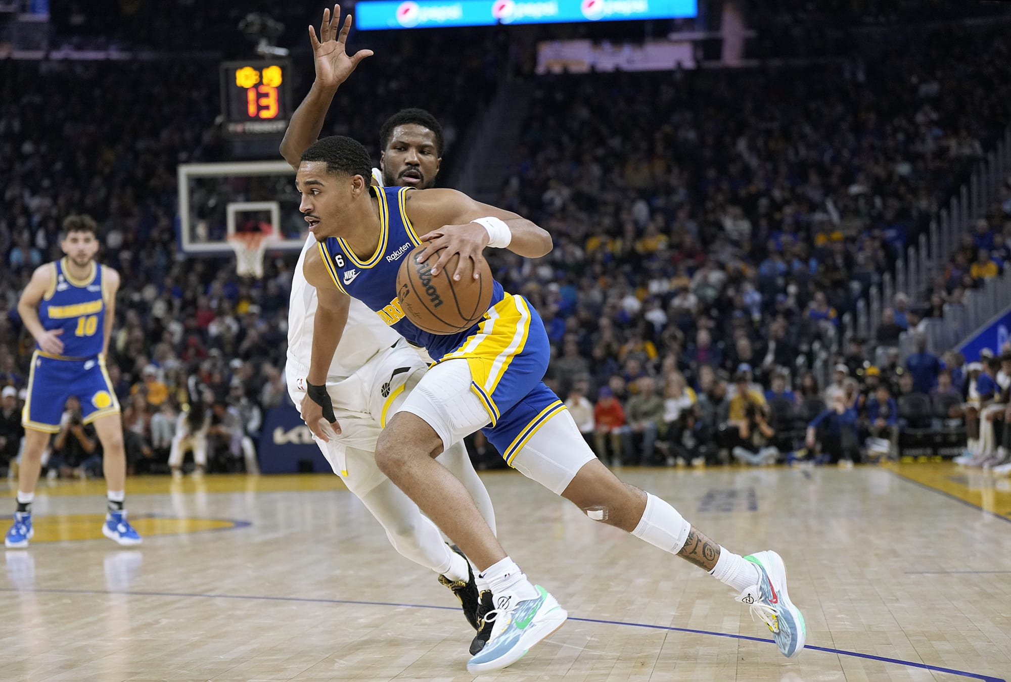 The sneakers of Jordan Poole of the Golden State Warriors before the  News Photo - Getty Images