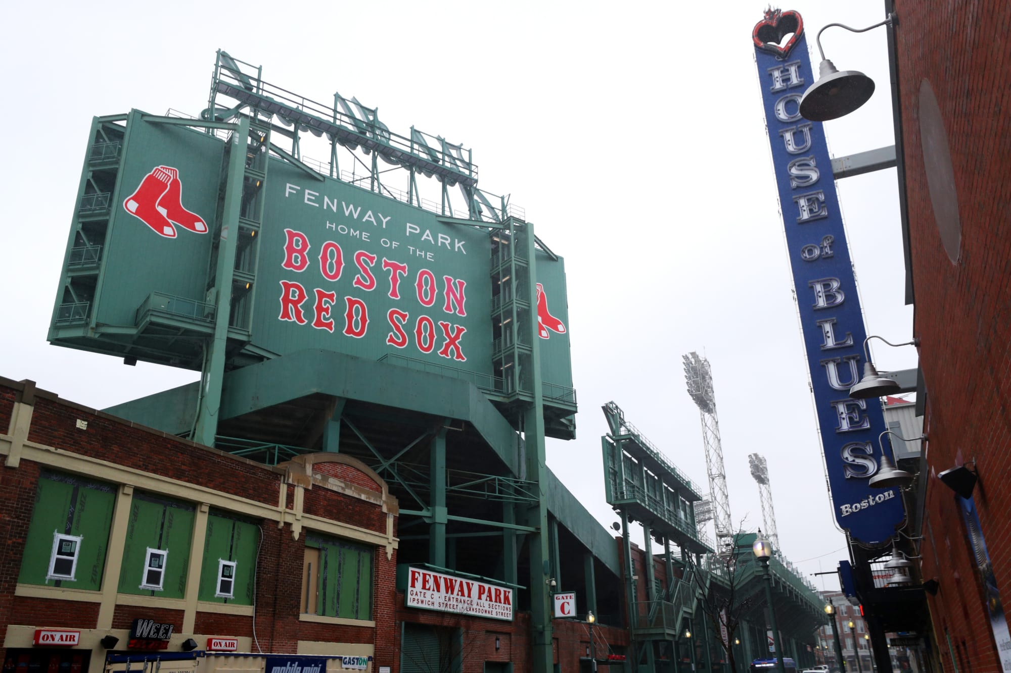 Fenway Park Stadium Banner on a cloudy day. 