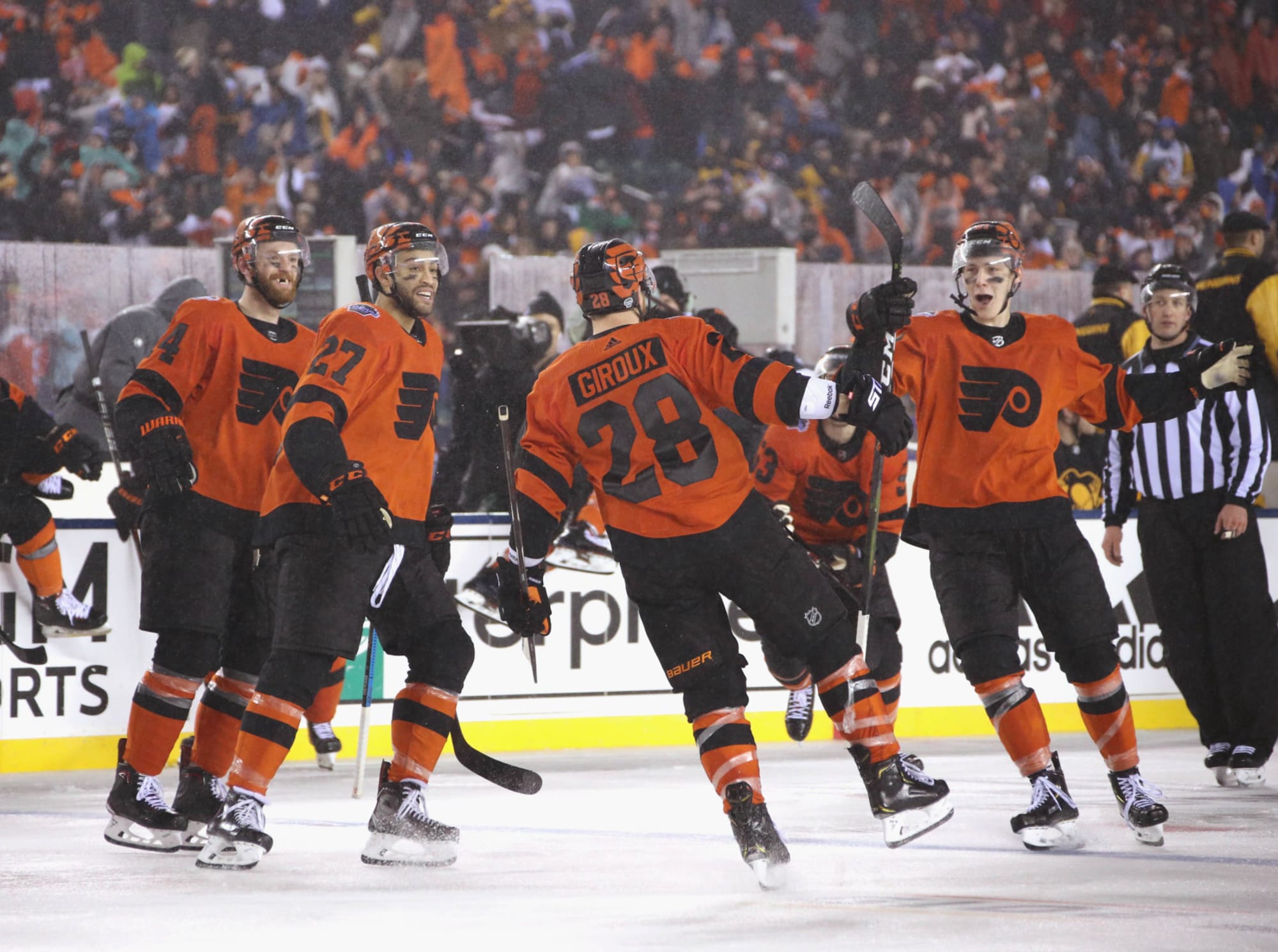A view of the Claude Giroux 1000th game played patch worn on the News  Photo - Getty Images