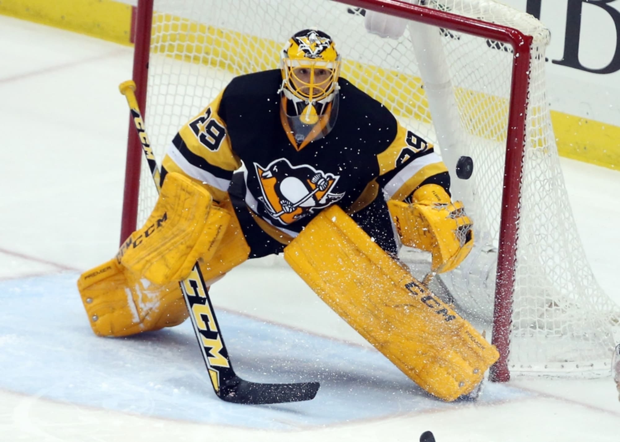 Pittsburgh Penguins goalie Marc-Andre Fleury makes a save against
