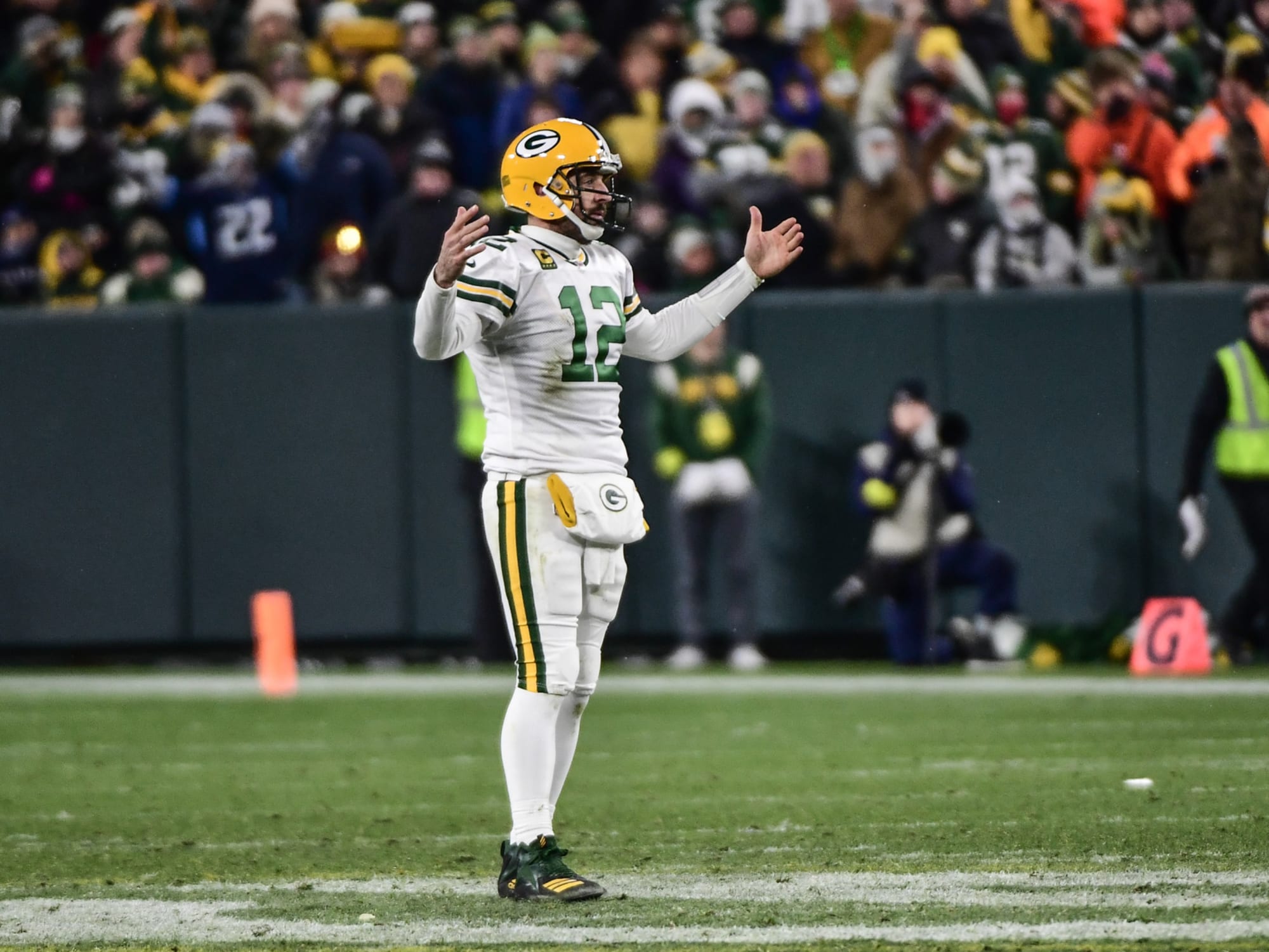 Nov 17, 2022; Green Bay, Wisconsin, USA; Green Bay Packers quarterback Aaron Rodgers (12) reacts after throwing an incomplete pass on fourth down late in the fourth quarter against the Tennessee Titans at Lambeau Field. Mandatory Credit: Benny Sieu-USA TODAY Sports