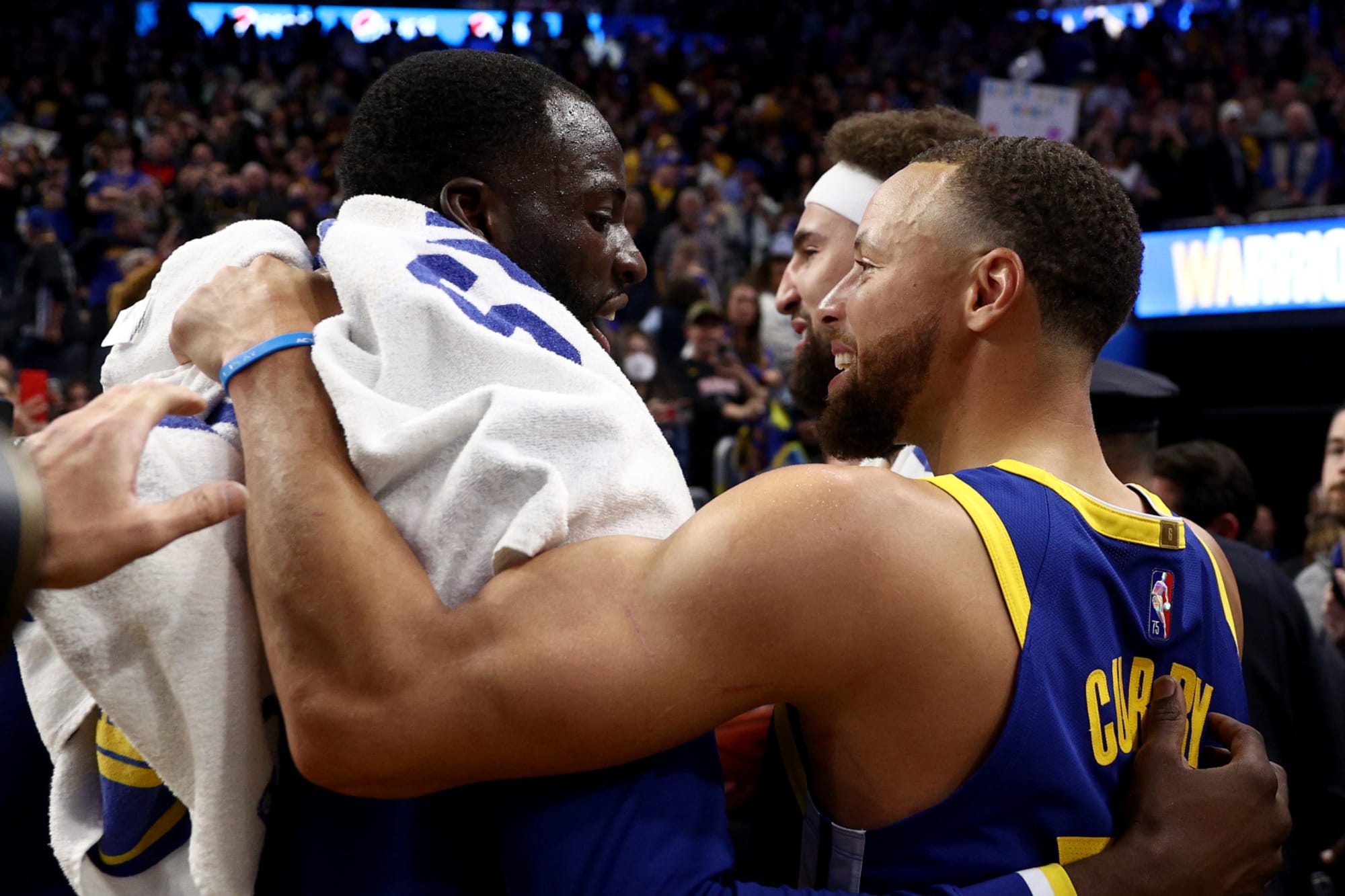 Draymond, Klay and Steph celebrate being on the court together again