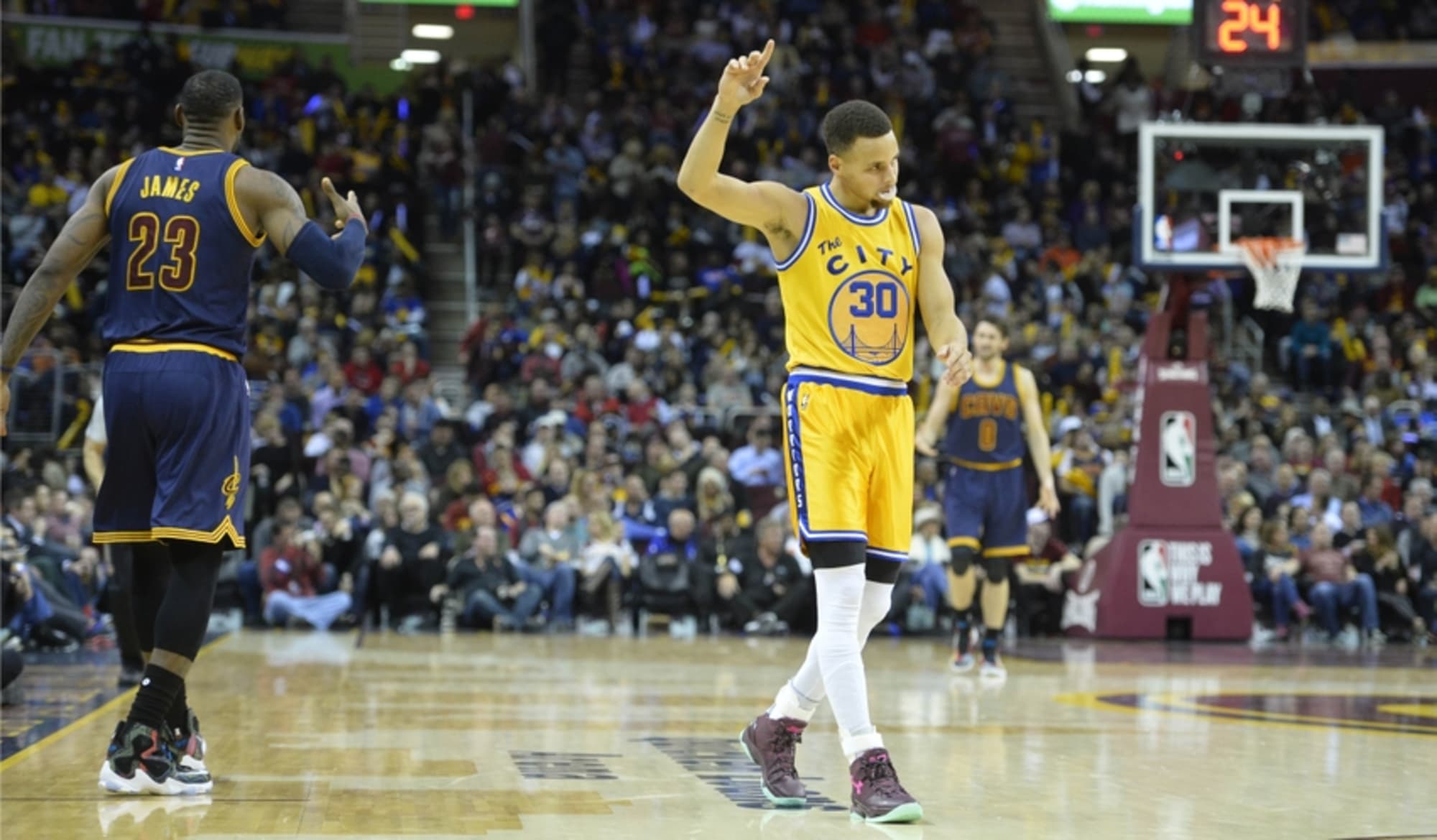 Stephen Curry of Golden State Warriors overtakes LeBron James of