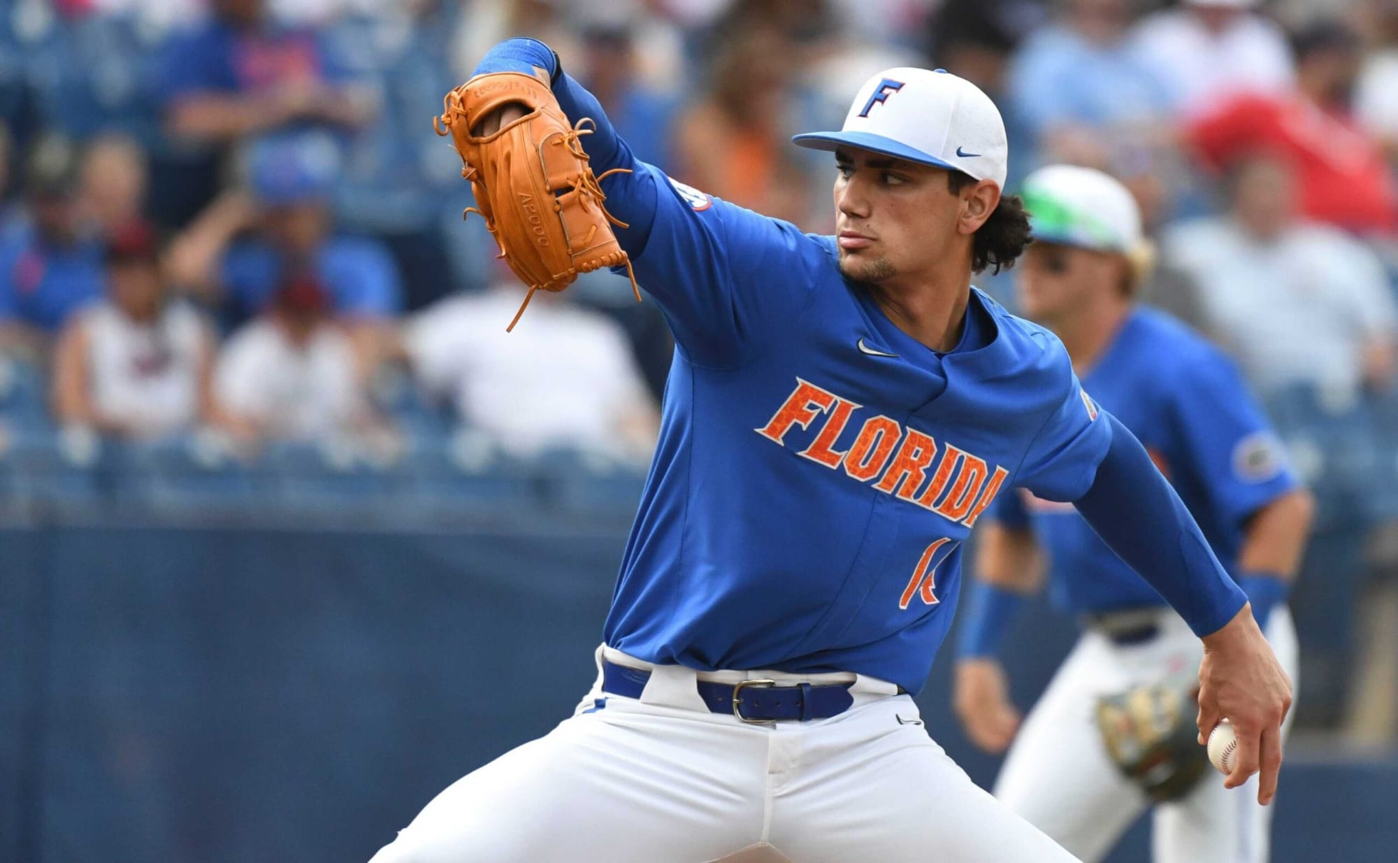 Jac Caglianone of the Florida Gators pitches against the LSU
