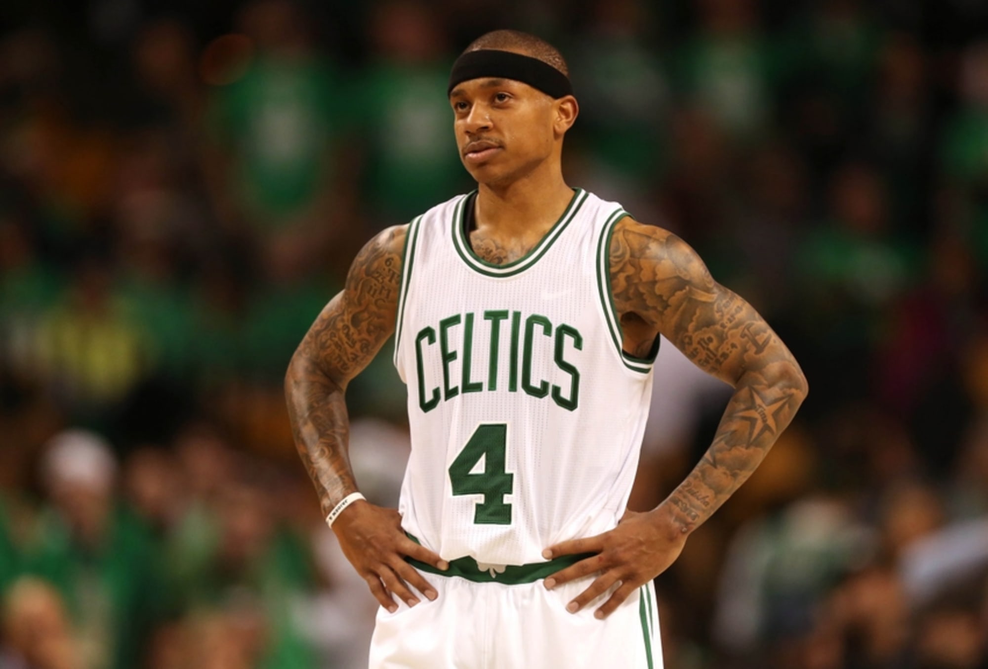 Isaiah Thomas of the Boston Celtics warms up during the game against