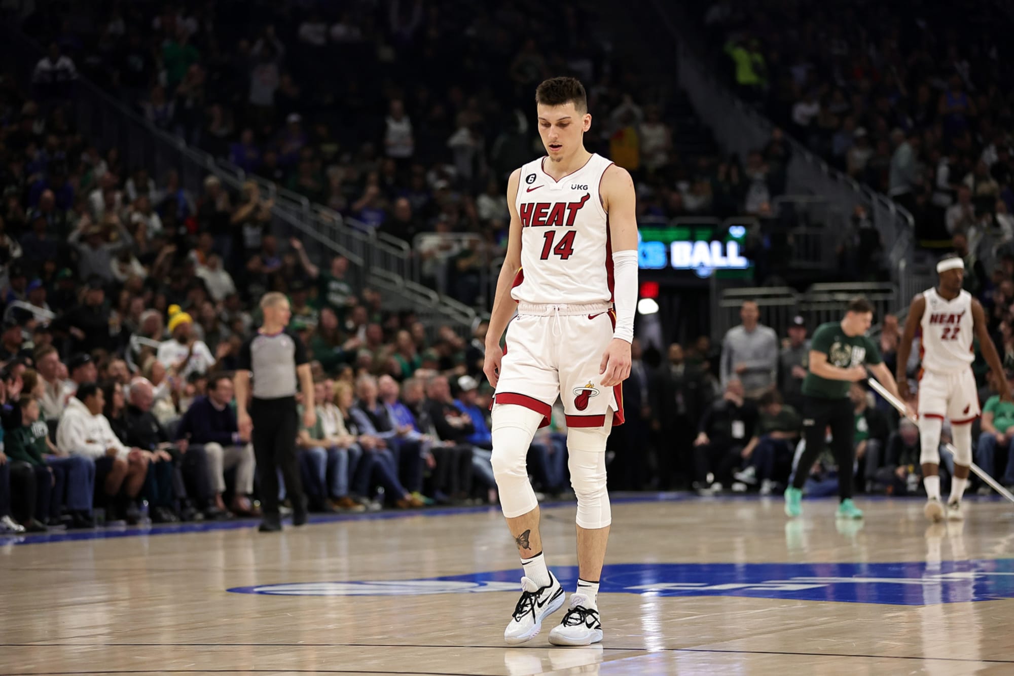 Tyler Herro of the Miami Heat arrives to the arena before Game