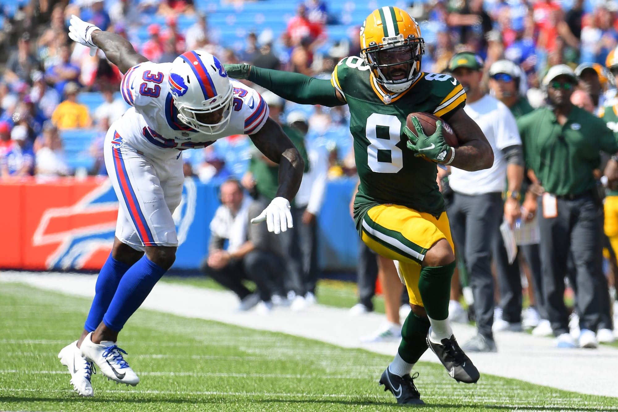 Amari Rodgers gives a nice stiff arm in a preseason game against the Bills