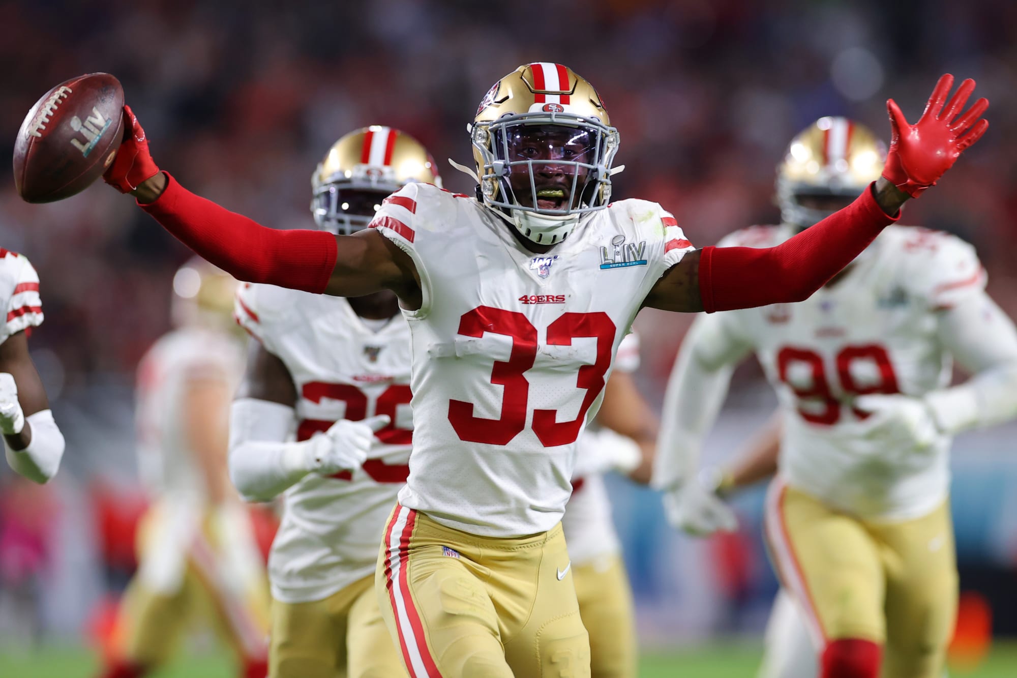 Feb 2, 2020; Miami Gardens, Florida, USA; Former San Francisco 49ers and current Green Bay Packers free safety Tarvarius Moore (33) celebrates after an interception against the Kansas City Chiefs during the fourth quarter in Super Bowl LIV at Hard Rock Stadium. Mandatory Credit: John David Mercer-USA TODAY Sports