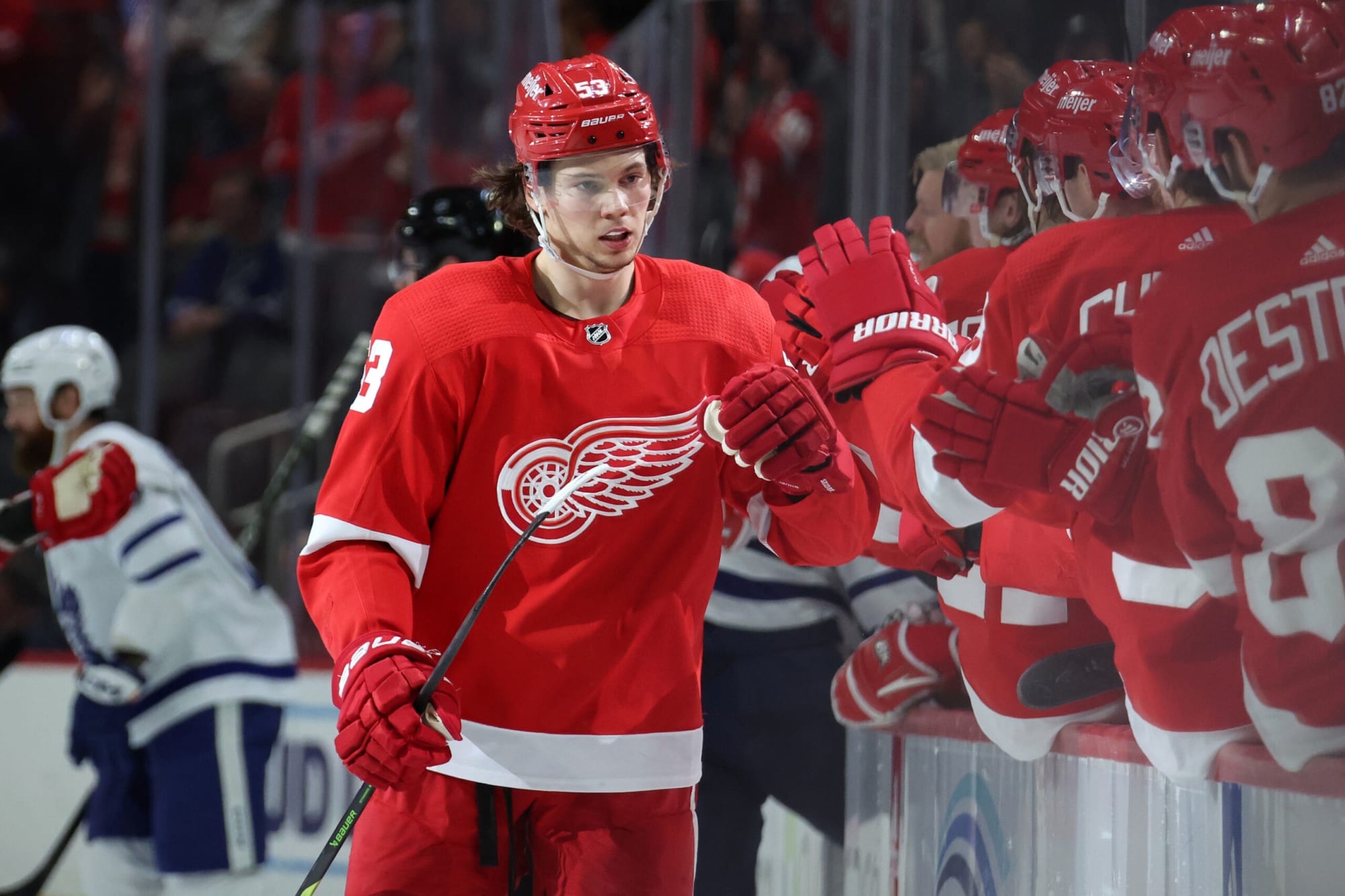 Moritz Seider of the Detroit Red Wings during warm ups prior to the News  Photo - Getty Images