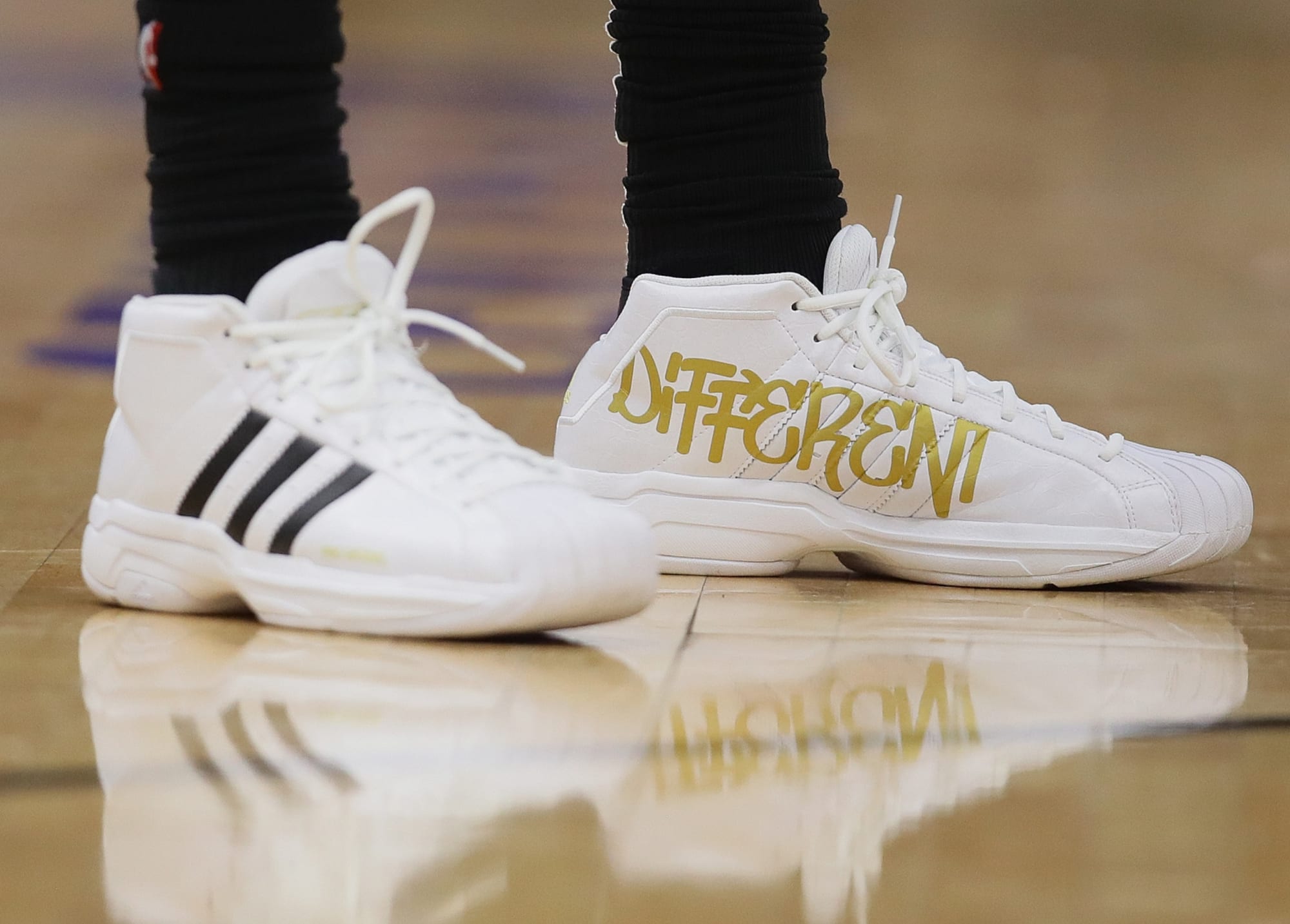 A detail view of the shoes worn by Chicago Bulls guard Zach LaVine